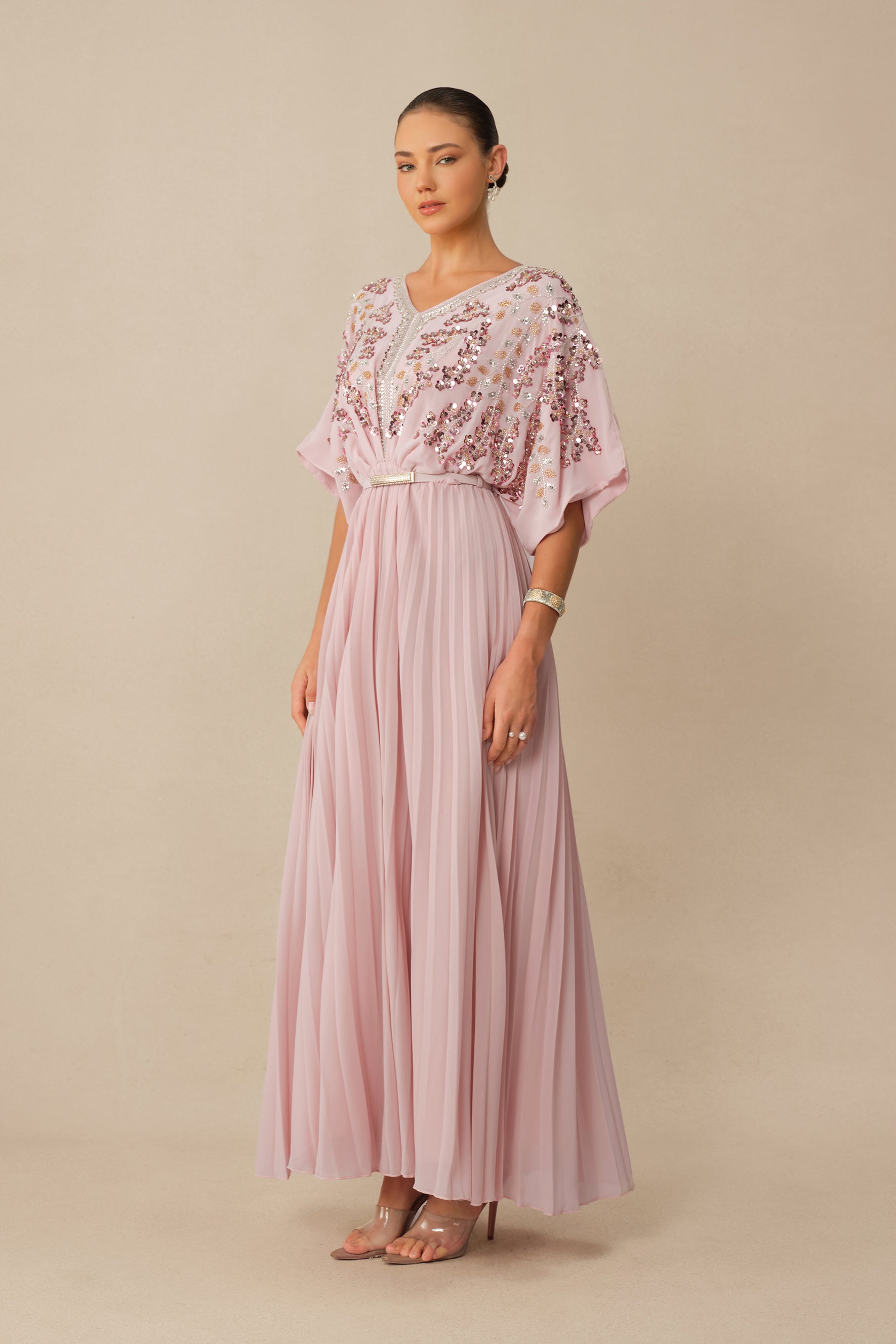 Endless Elegance Pink Sequin Embellished Batwing Sleeve Maxi Dress