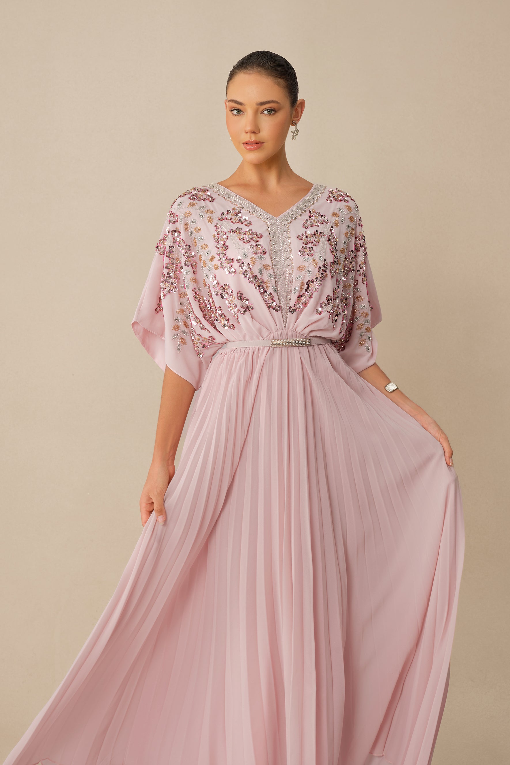 Endless Elegance Pink Sequin Embellished Batwing Sleeve Maxi Dress