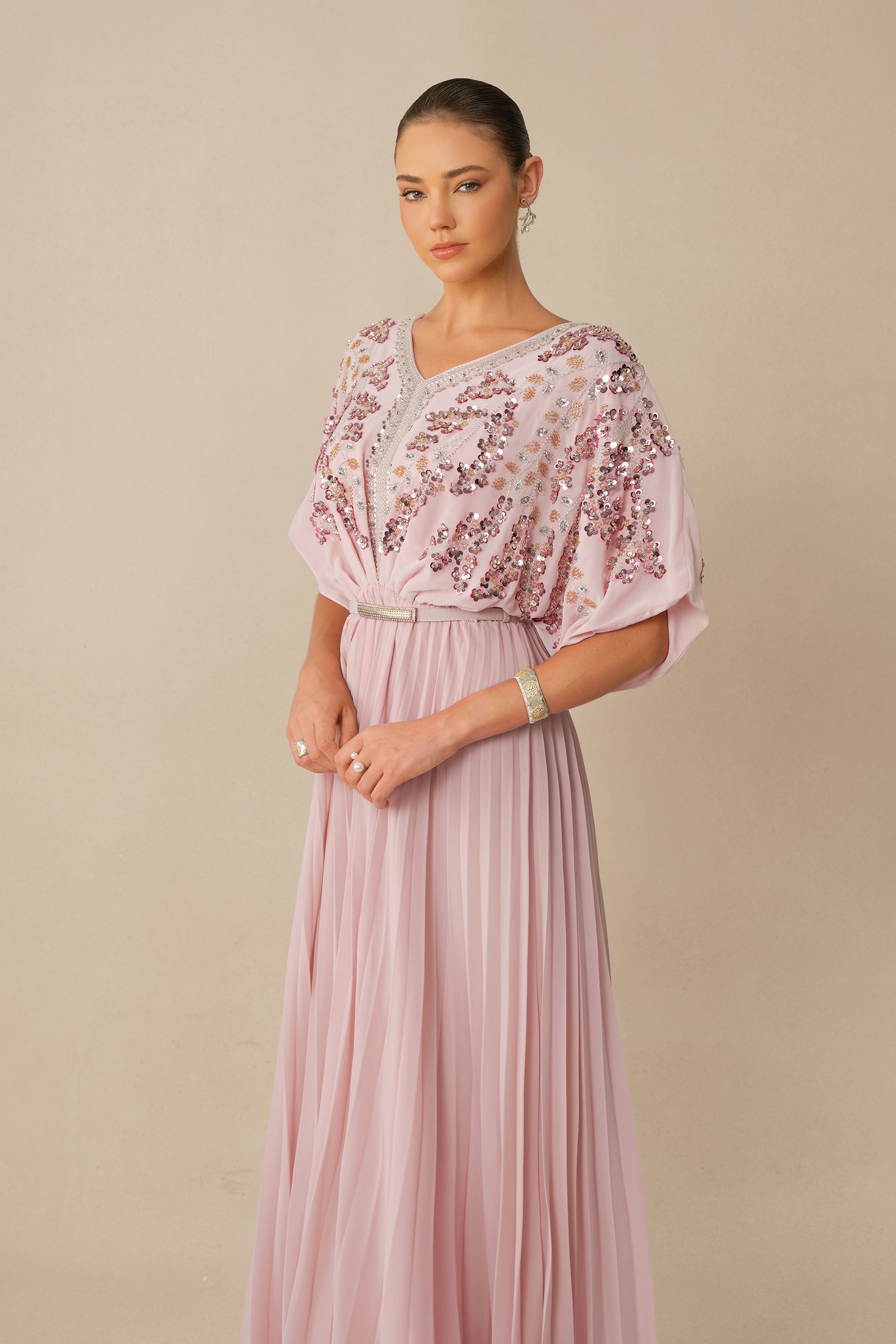 Endless Elegance Pink Sequin Embellished Batwing Sleeve Maxi Dress