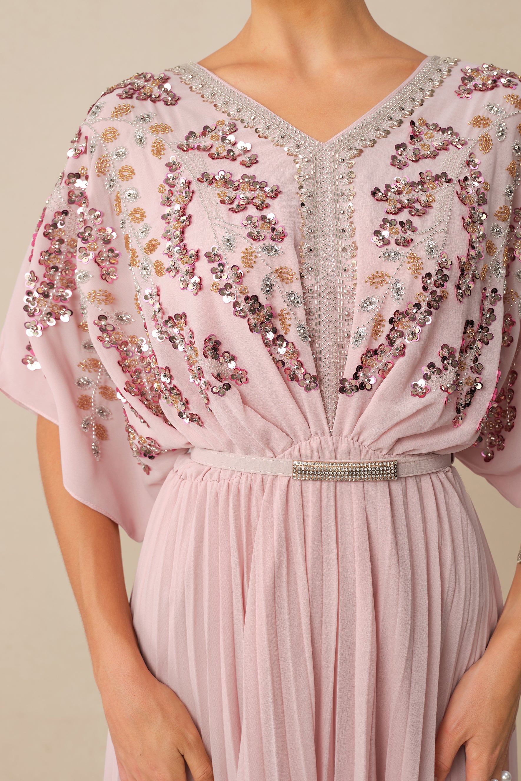 Endless Elegance Pink Sequin Embellished Batwing Sleeve Maxi Dress