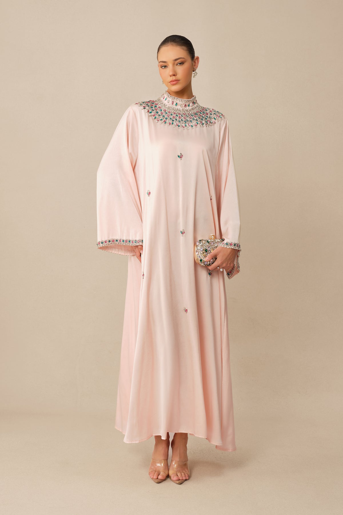Quiet Luxury Pink Rhinestone Collar Long Sleeve Maxi Dress