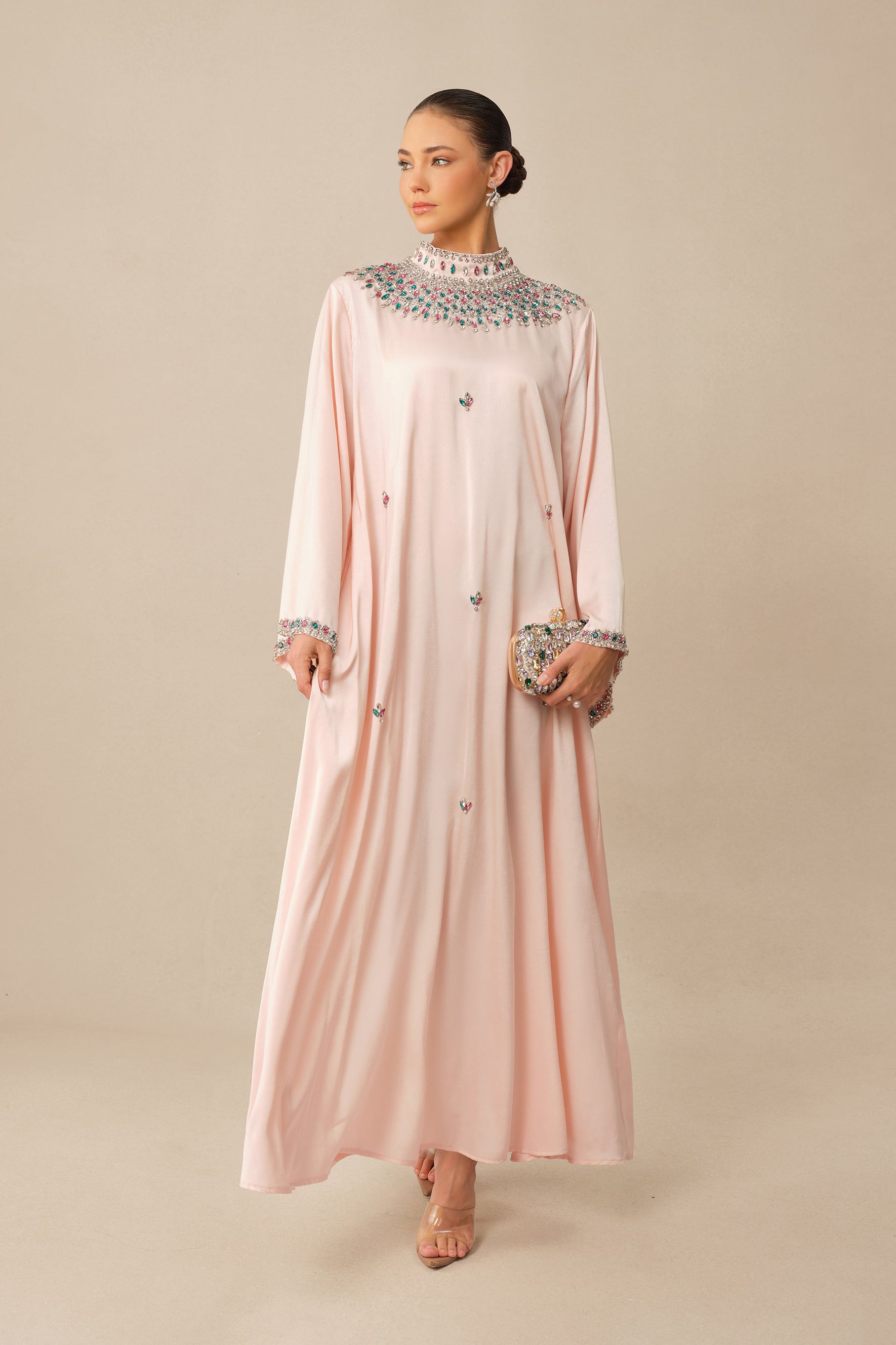 Quiet Luxury Pink Rhinestone Collar Long Sleeve Maxi Dress