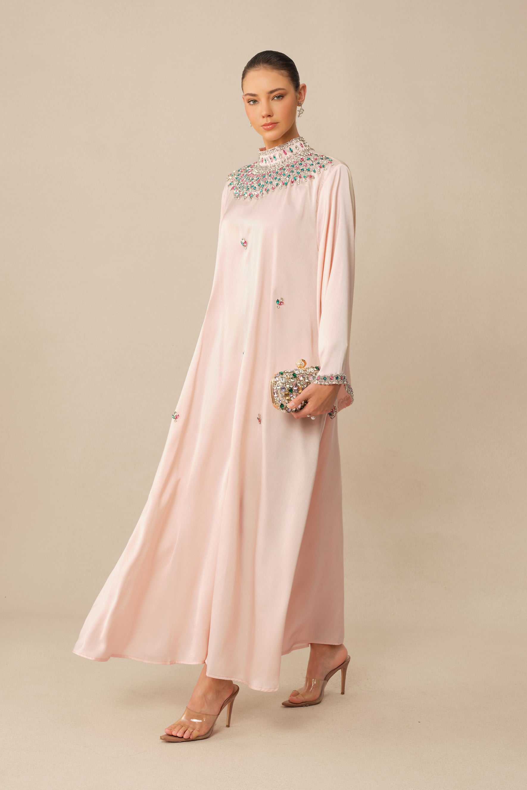 Quiet Luxury Pink Rhinestone Collar Long Sleeve Maxi Dress