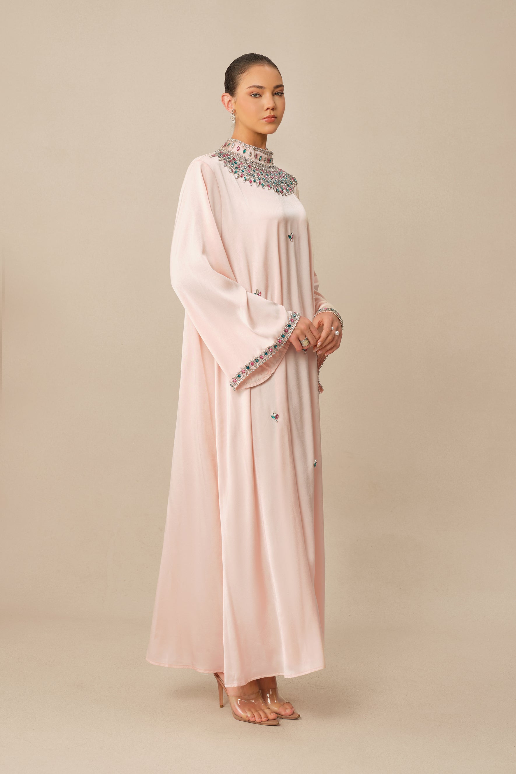 Quiet Luxury Pink Rhinestone Collar Long Sleeve Maxi Dress