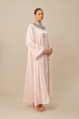 Quiet Luxury Pink Rhinestone Collar Long Sleeve Maxi Dress
