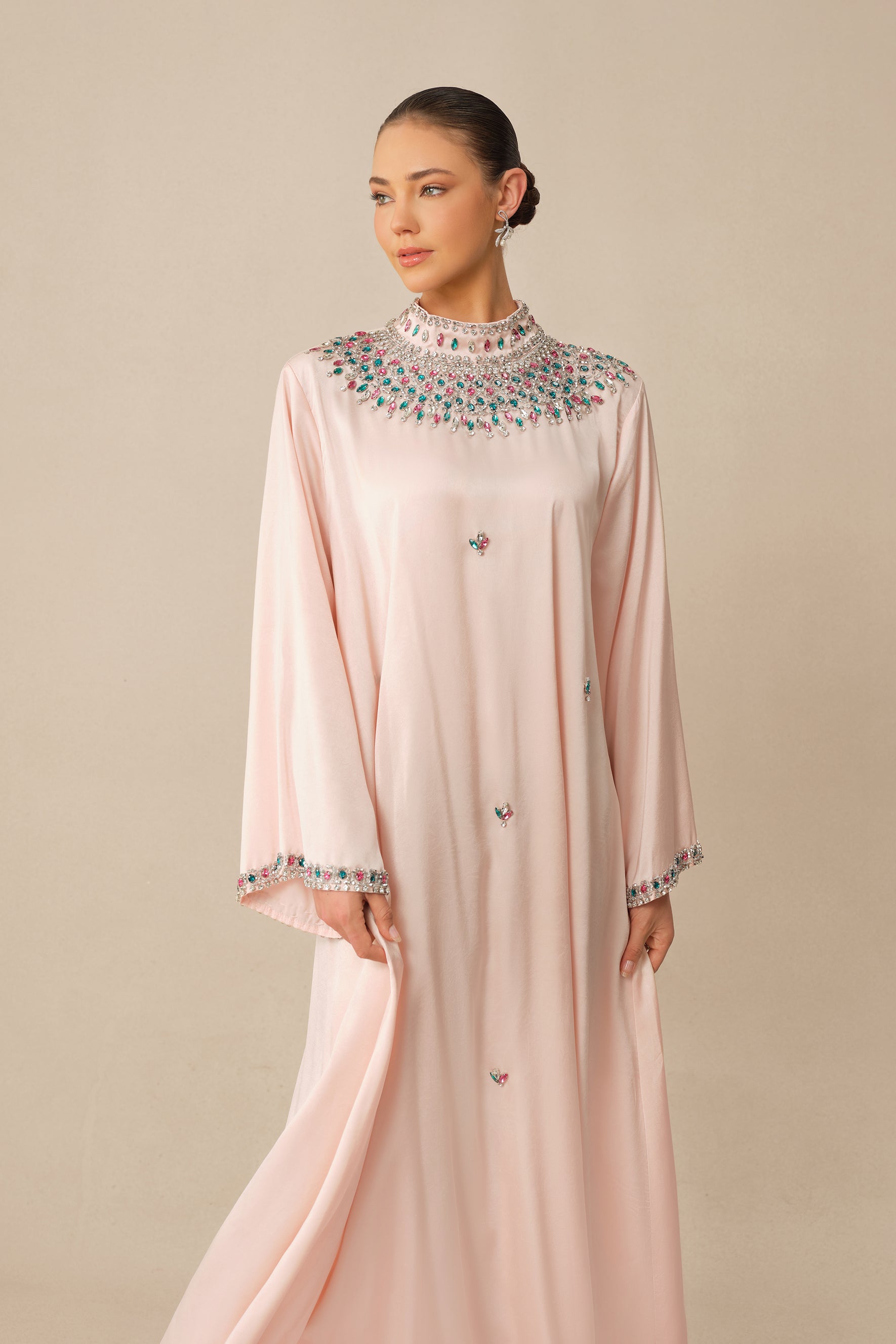 Quiet Luxury Pink Rhinestone Collar Long Sleeve Maxi Dress