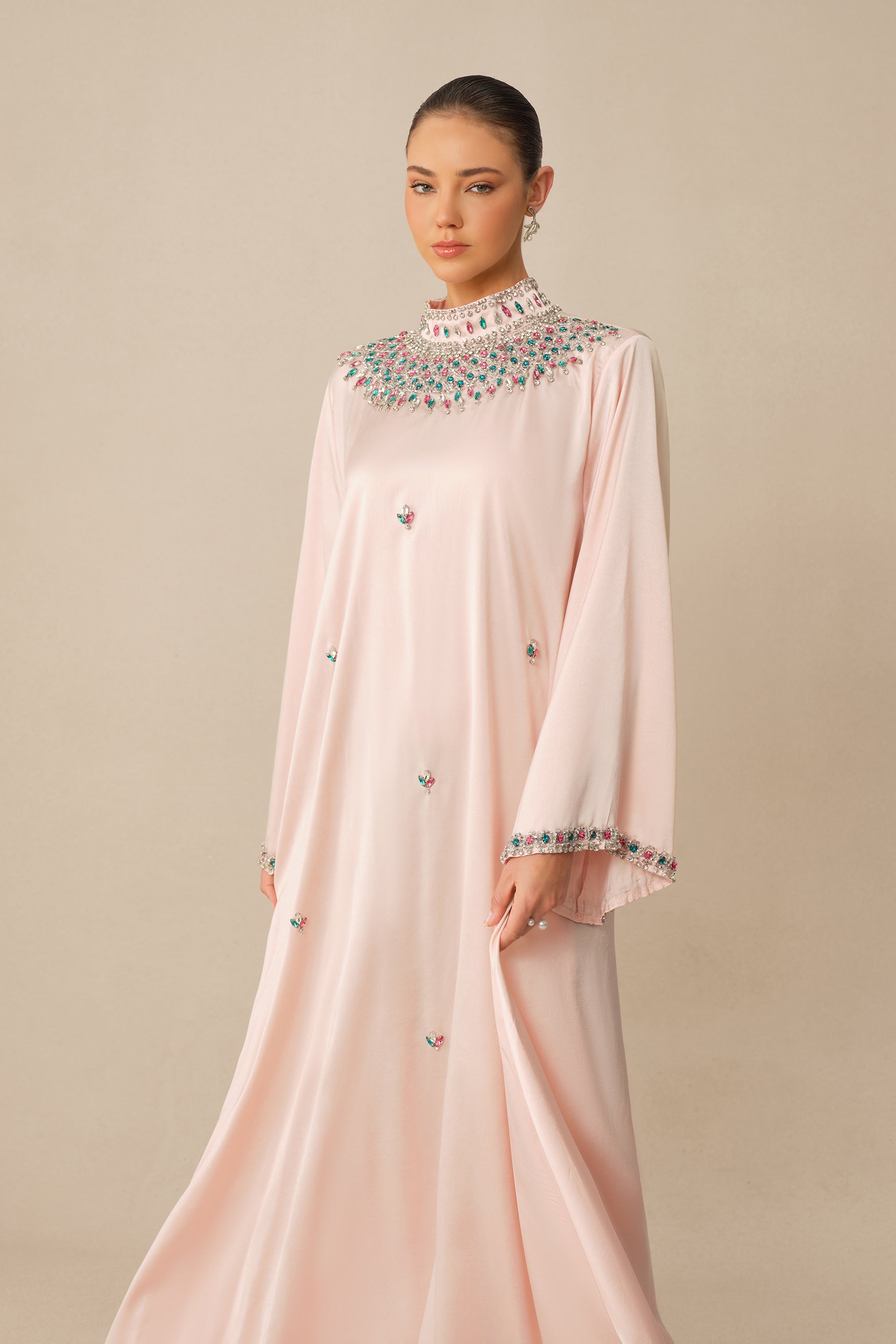 Quiet Luxury Pink Rhinestone Collar Long Sleeve Maxi Dress