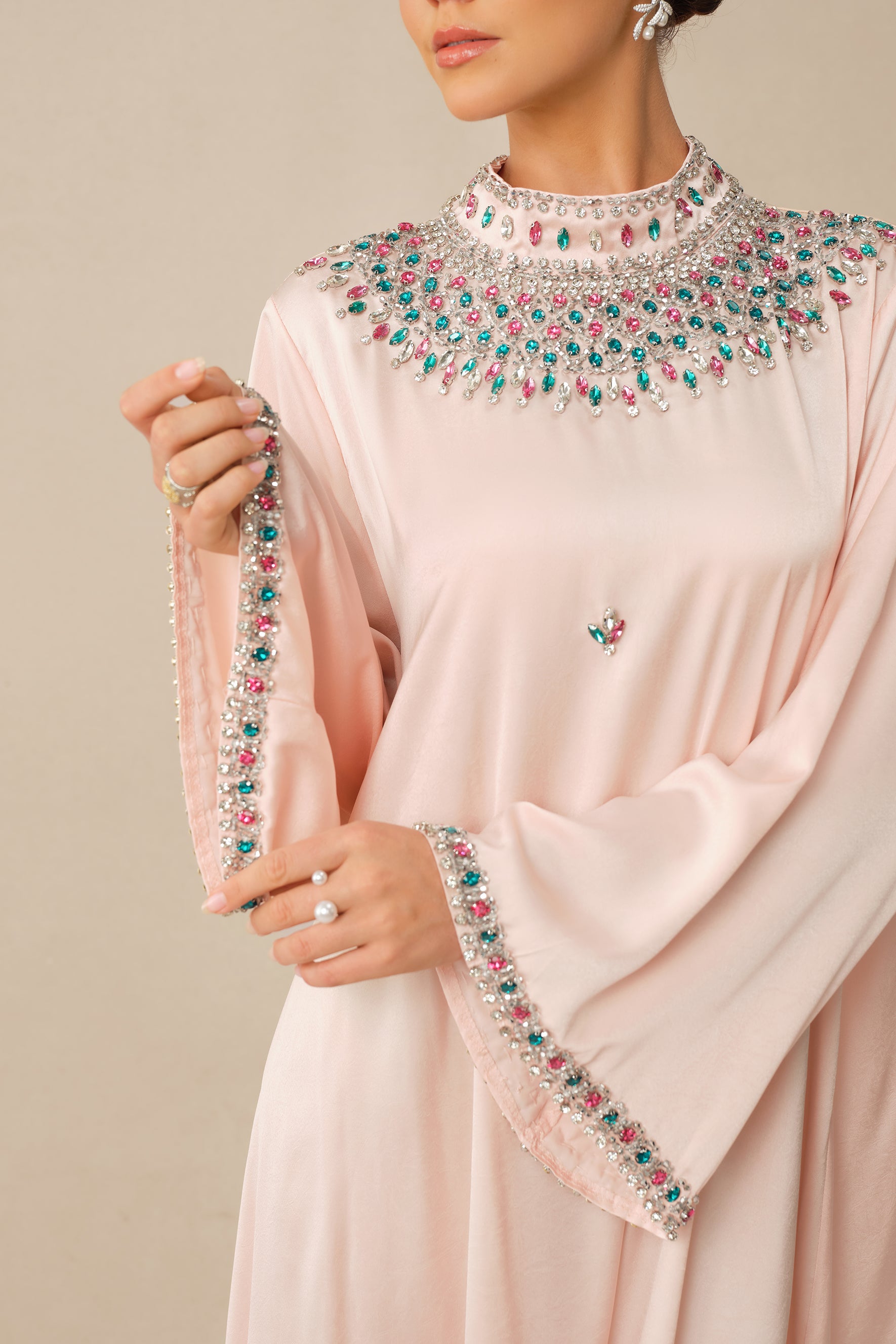 Quiet Luxury Pink Rhinestone Collar Long Sleeve Maxi Dress