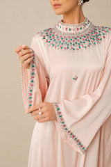 Quiet Luxury Pink Rhinestone Collar Long Sleeve Maxi Dress