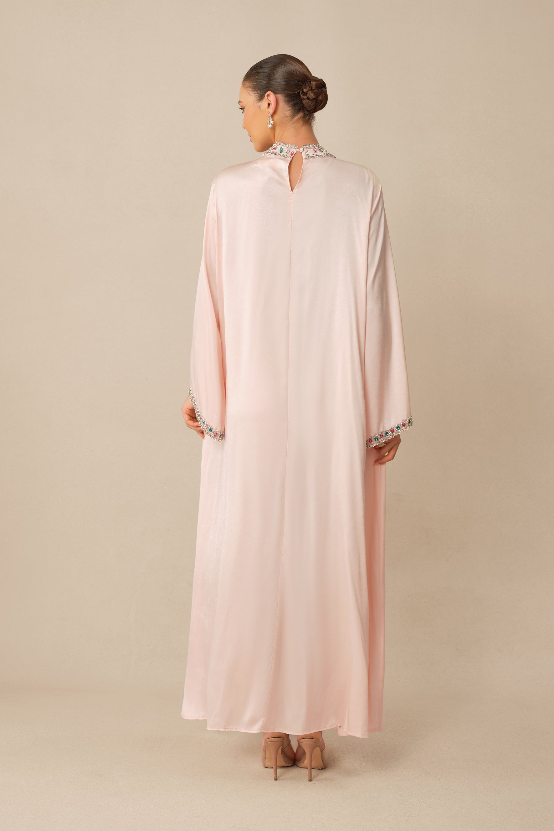 Quiet Luxury Pink Rhinestone Collar Long Sleeve Maxi Dress
