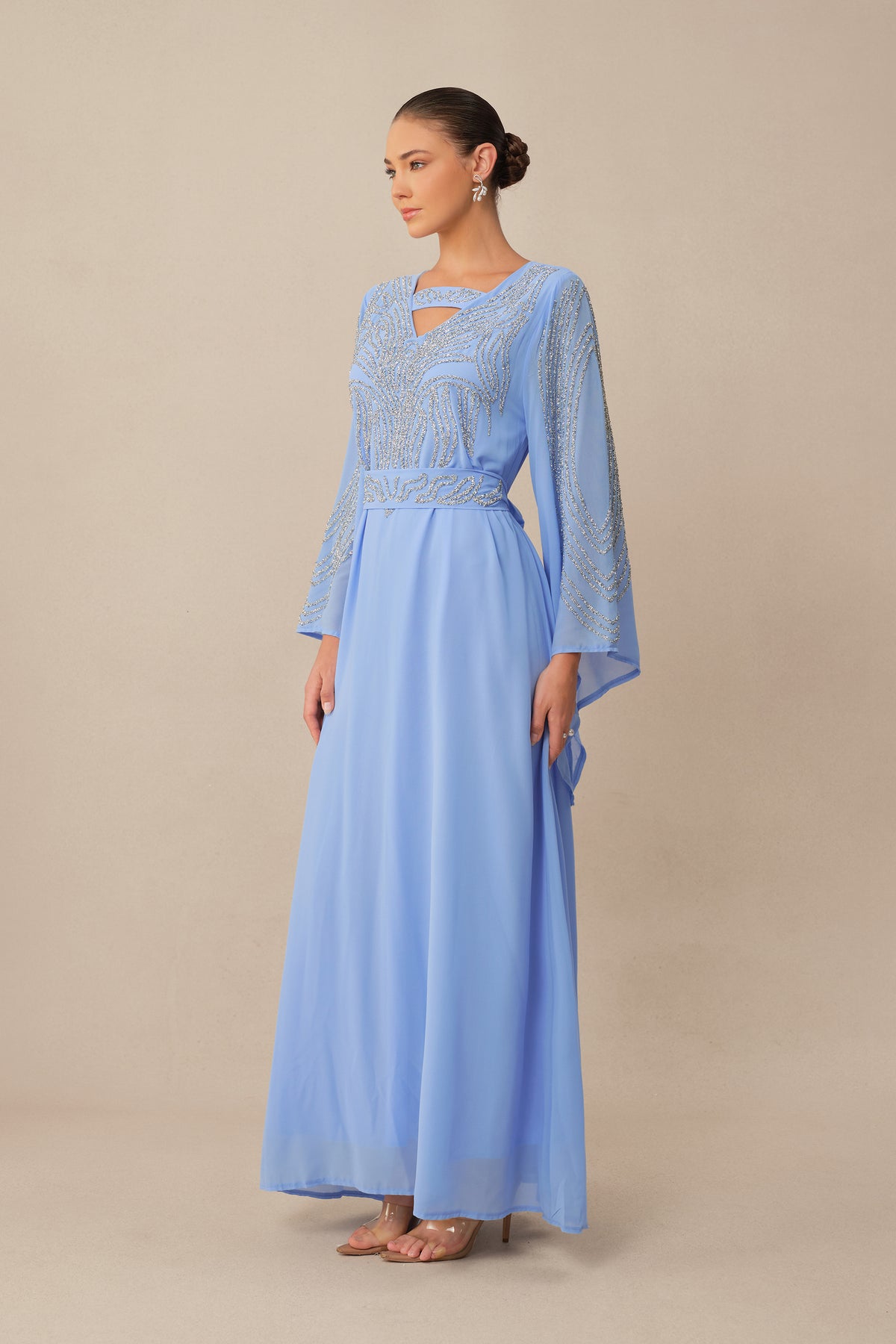 Special Invitation Blue Rhinestone Flare Sleeve Maxi Dress