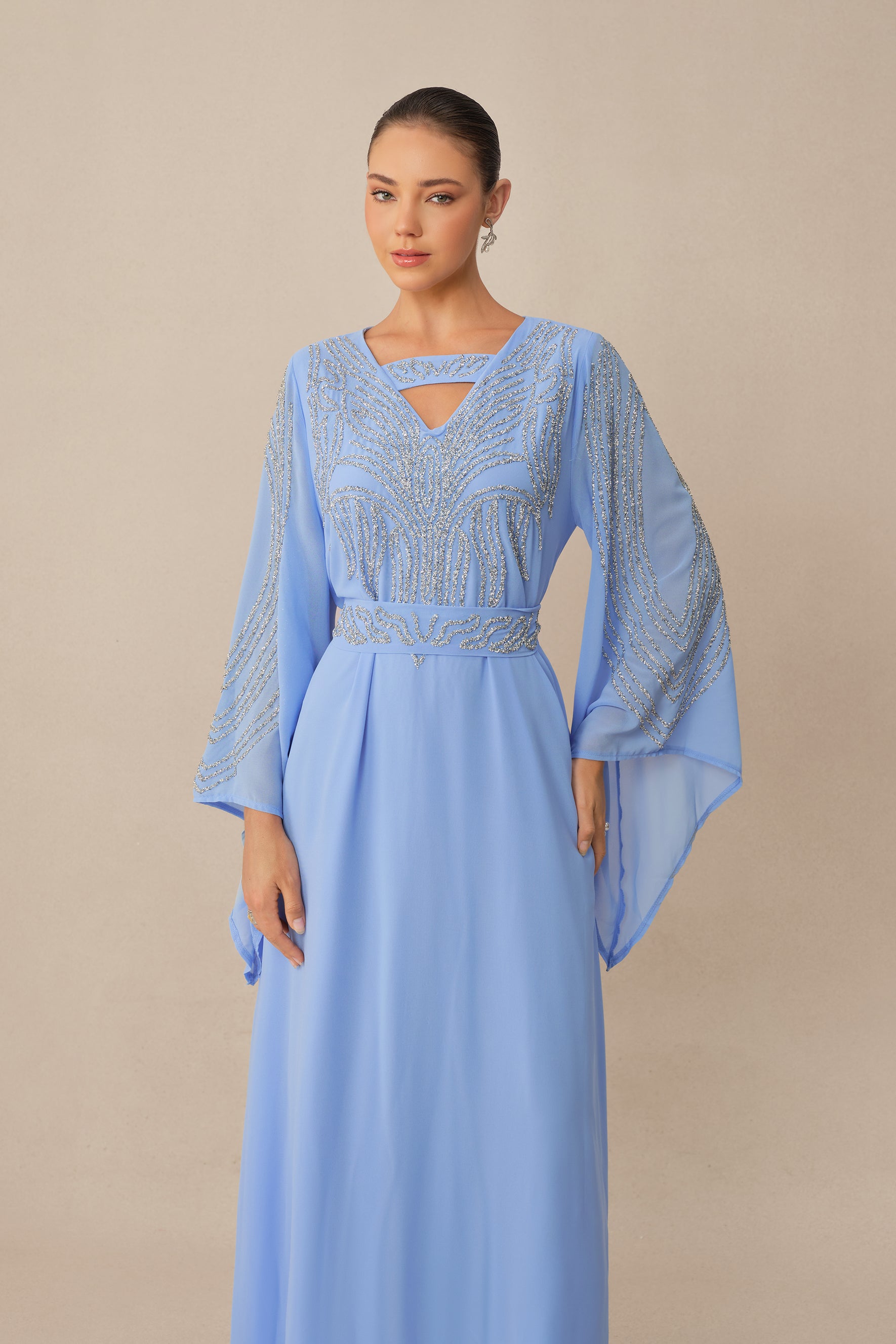 Special Invitation Blue Rhinestone Flare Sleeve Maxi Dress