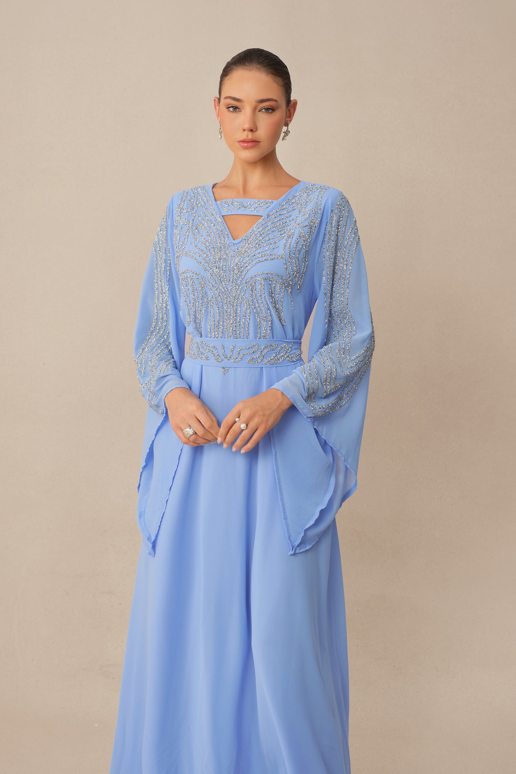 Special Invitation Blue Rhinestone Flare Sleeve Maxi Dress