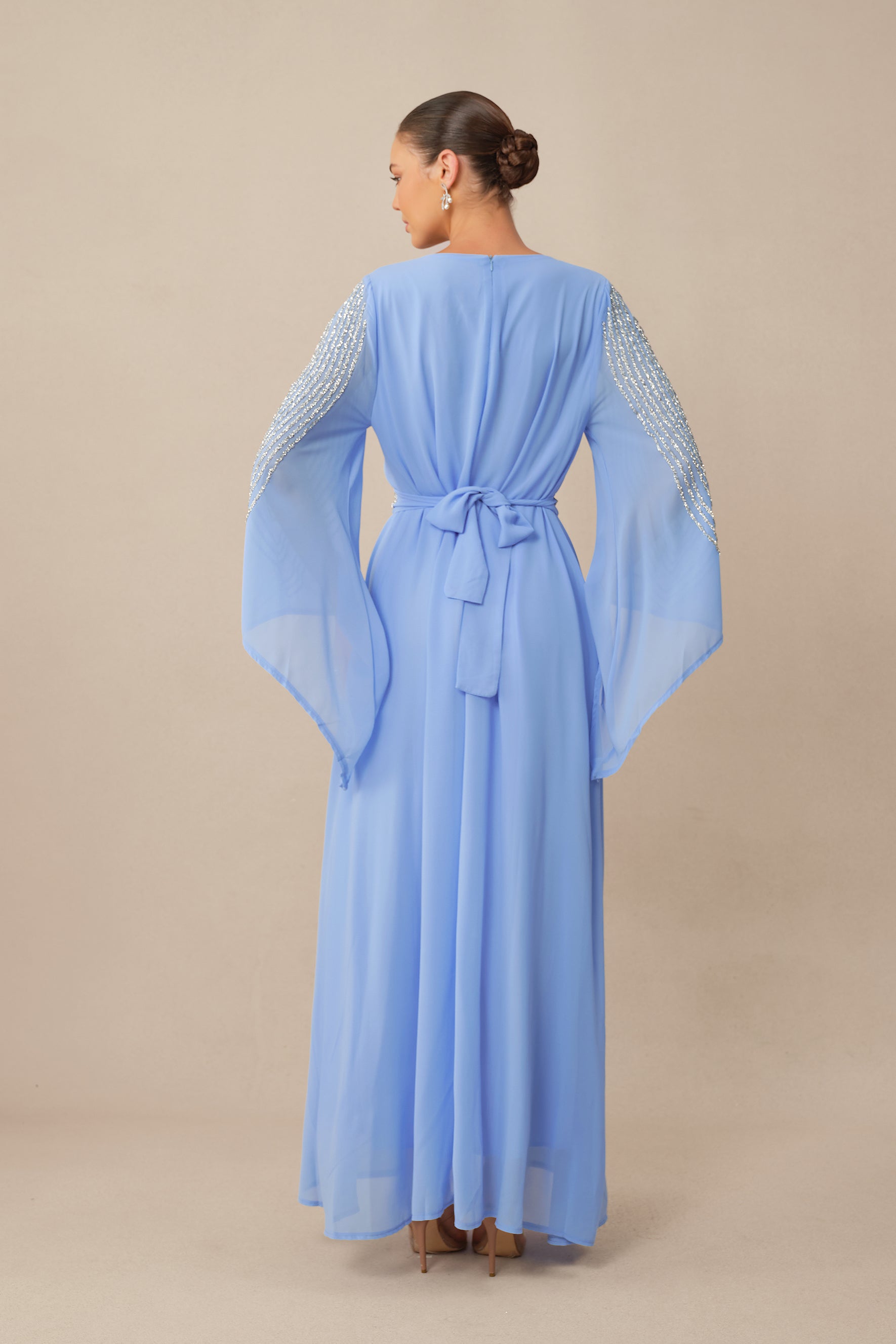 Special Invitation Blue Rhinestone Flare Sleeve Maxi Dress
