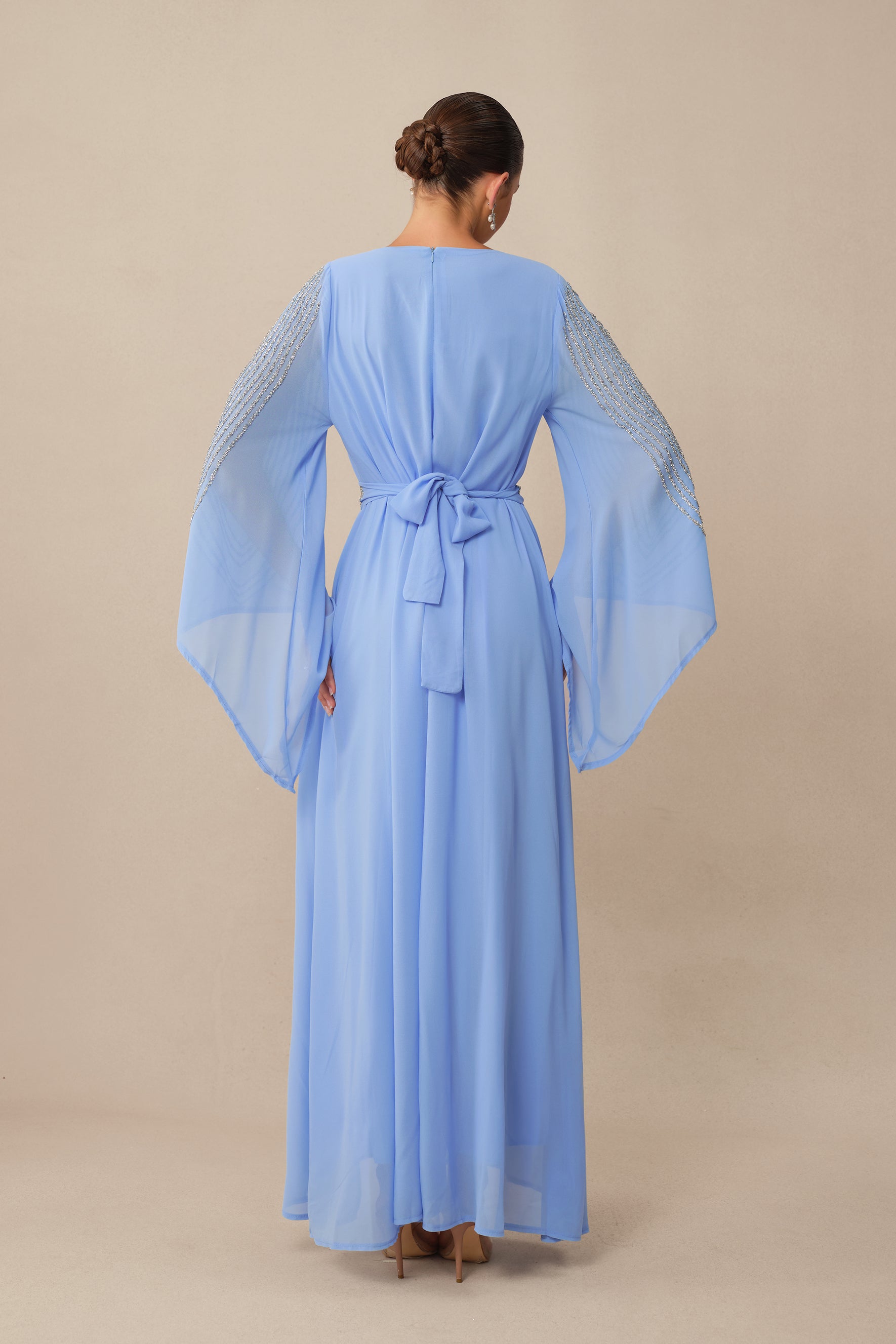 Special Invitation Blue Rhinestone Flare Sleeve Maxi Dress