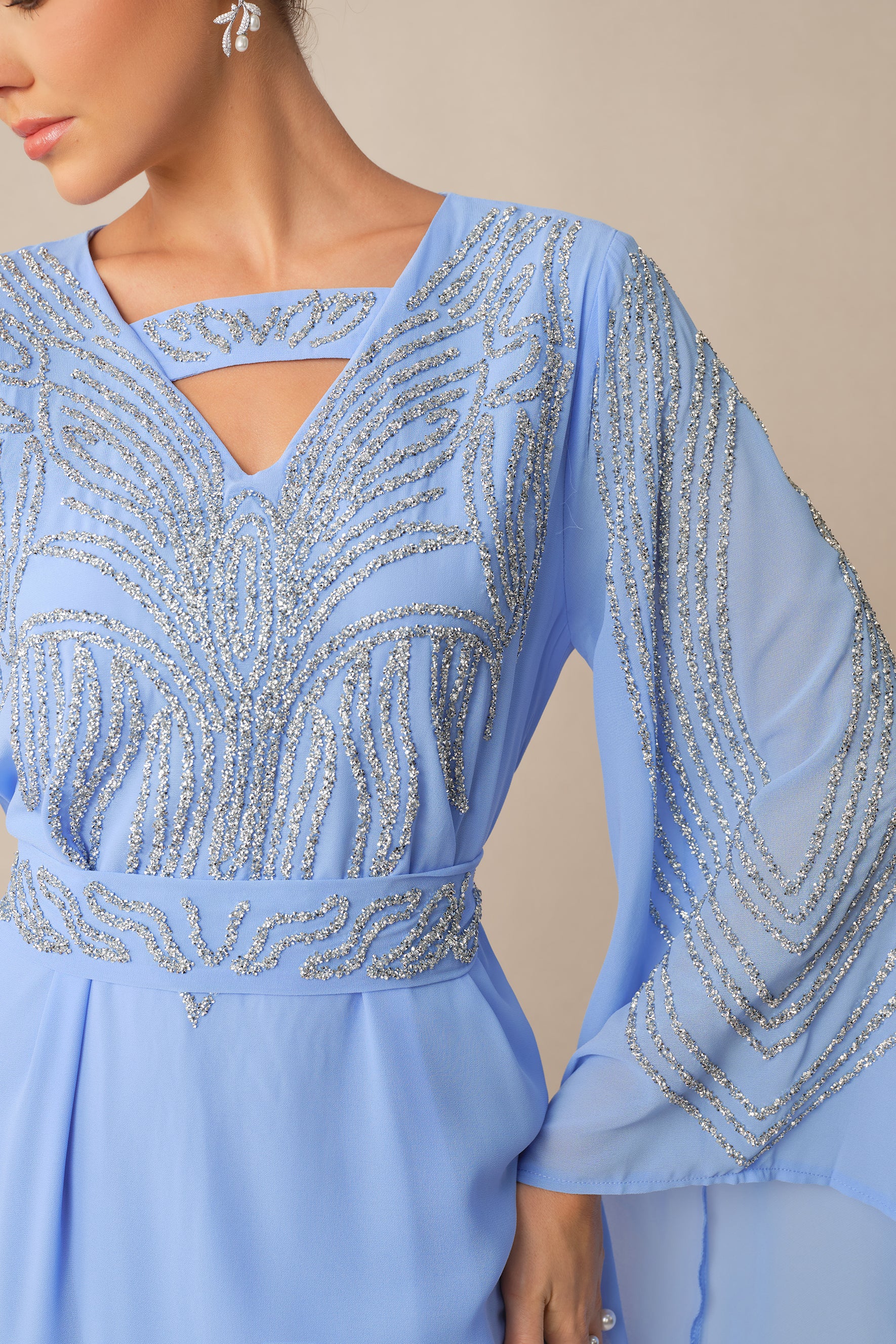 Special Invitation Blue Rhinestone Flare Sleeve Maxi Dress
