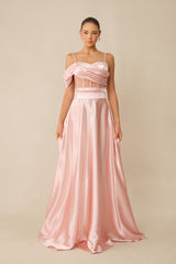 Sweet Aura Pink Corset Off Shoulder Top & Satin Skirt Set