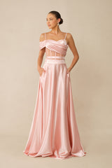 Sweet Aura Pink Corset Off Shoulder Top & Satin Skirt Set
