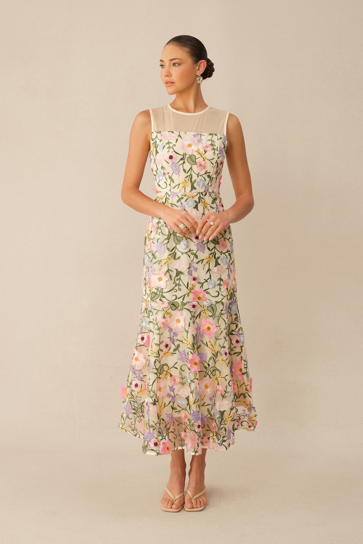 Brunch Ready Beige Floral Embroidered Sleeveless Midi Dress