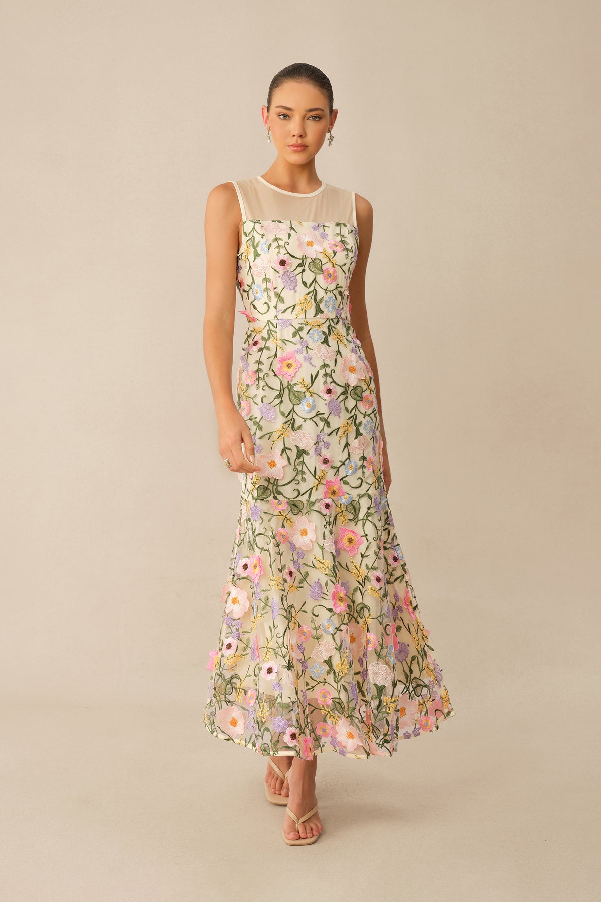 Brunch Ready Beige Floral Embroidered Sleeveless Midi Dress