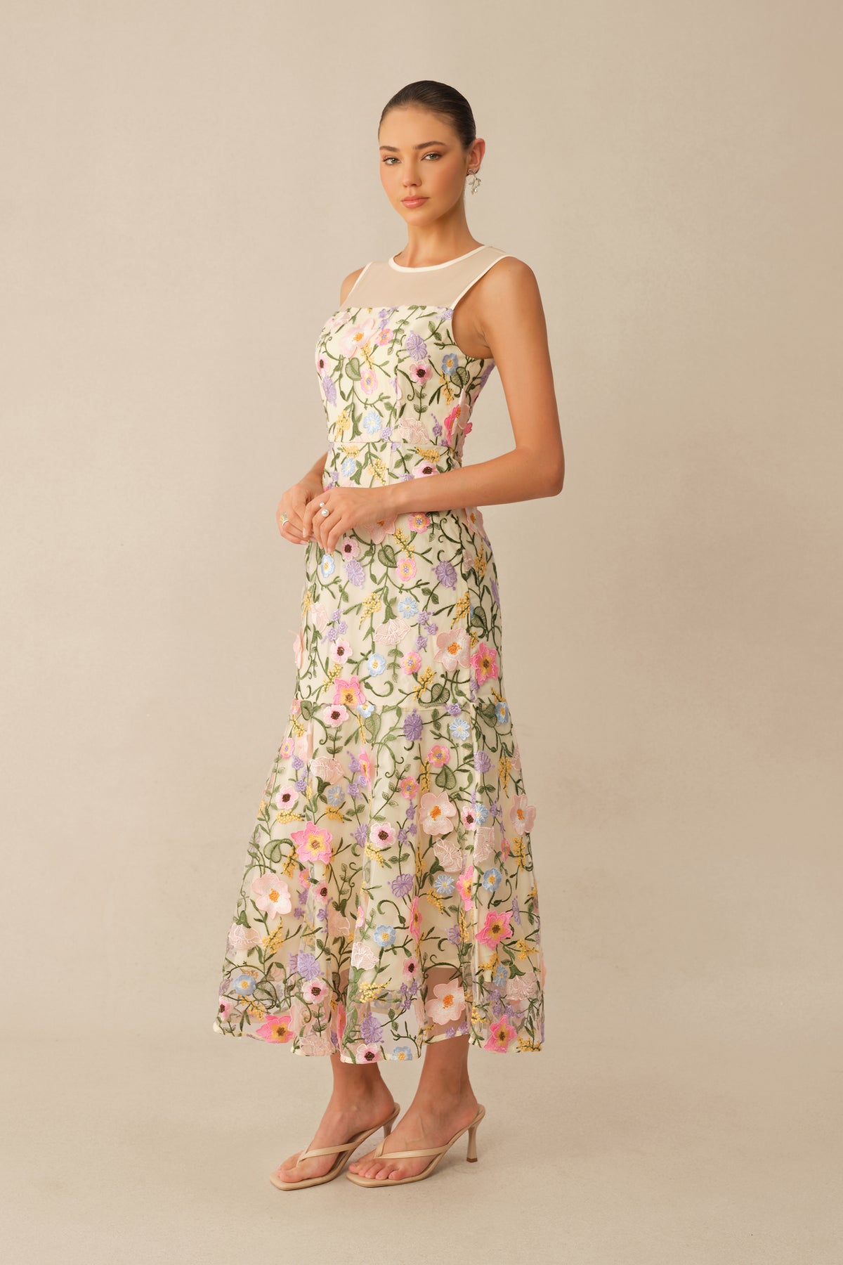 Brunch Ready Beige Floral Embroidered Sleeveless Midi Dress