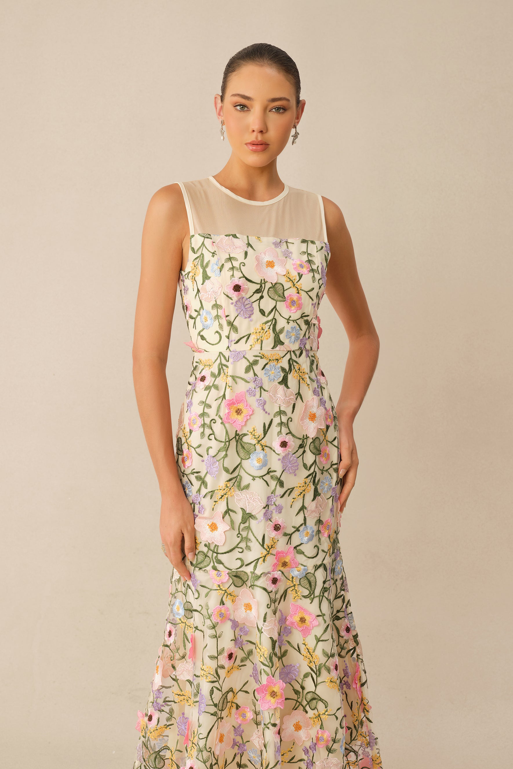 Brunch Ready Beige Floral Embroidered Sleeveless Midi Dress