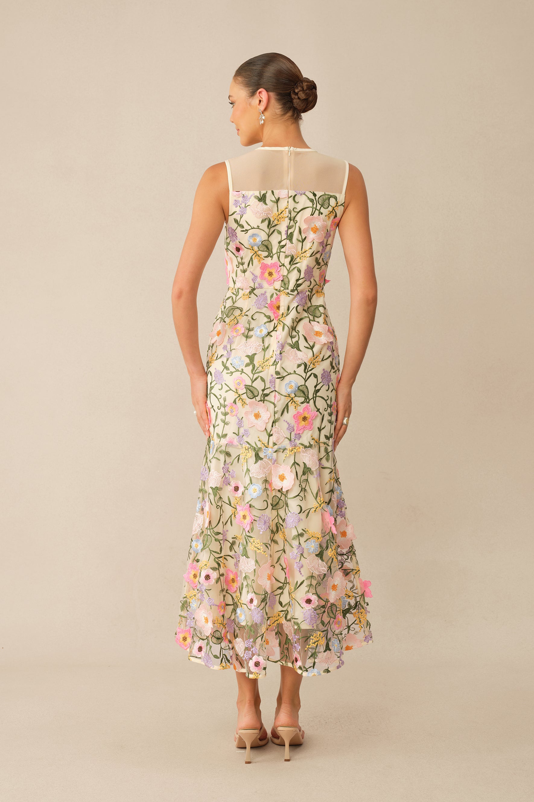 Brunch Ready Beige Floral Embroidered Sleeveless Midi Dress