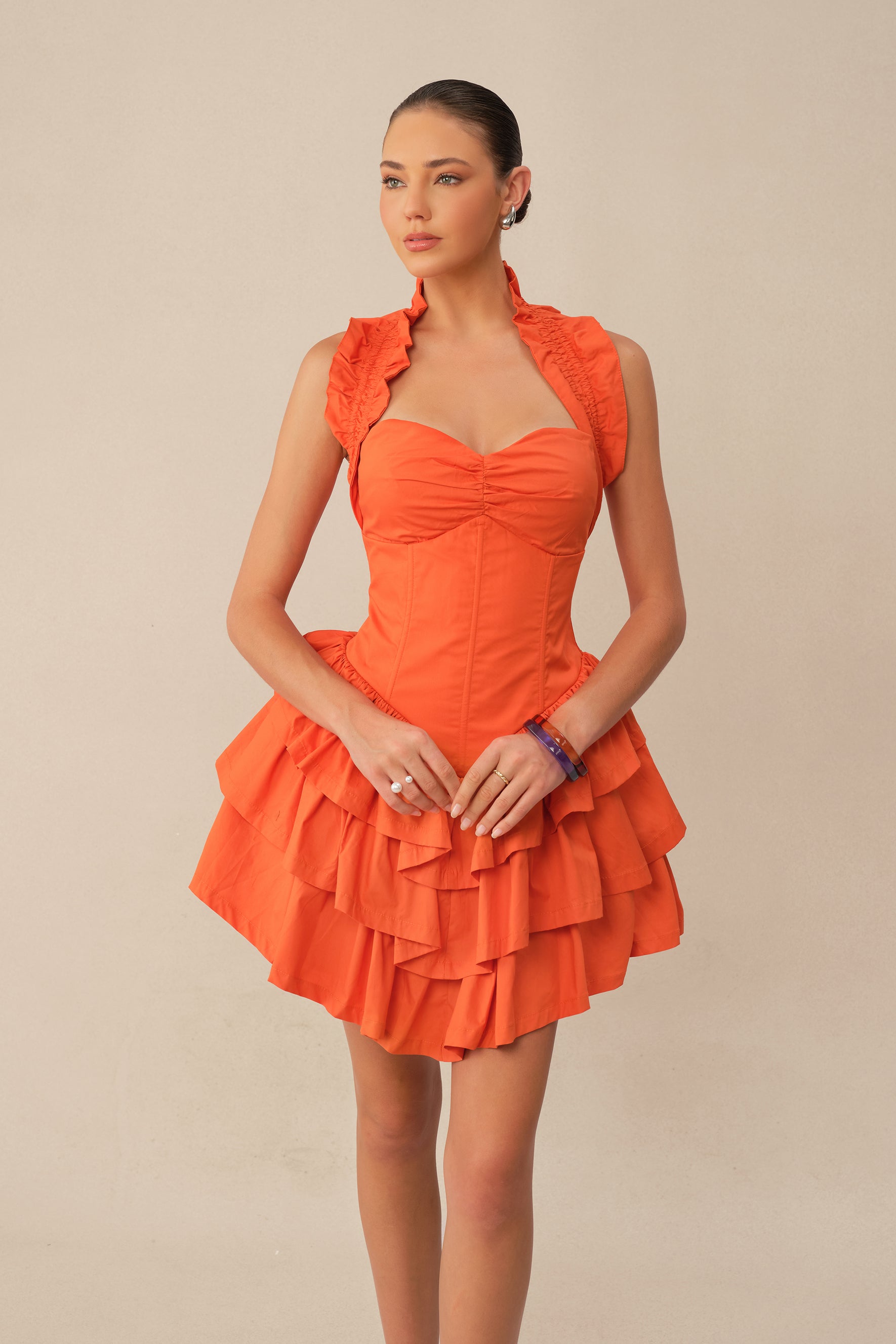Love The Moment Orange Sweetheart Corset Tiered Ruffle Mini Dress
