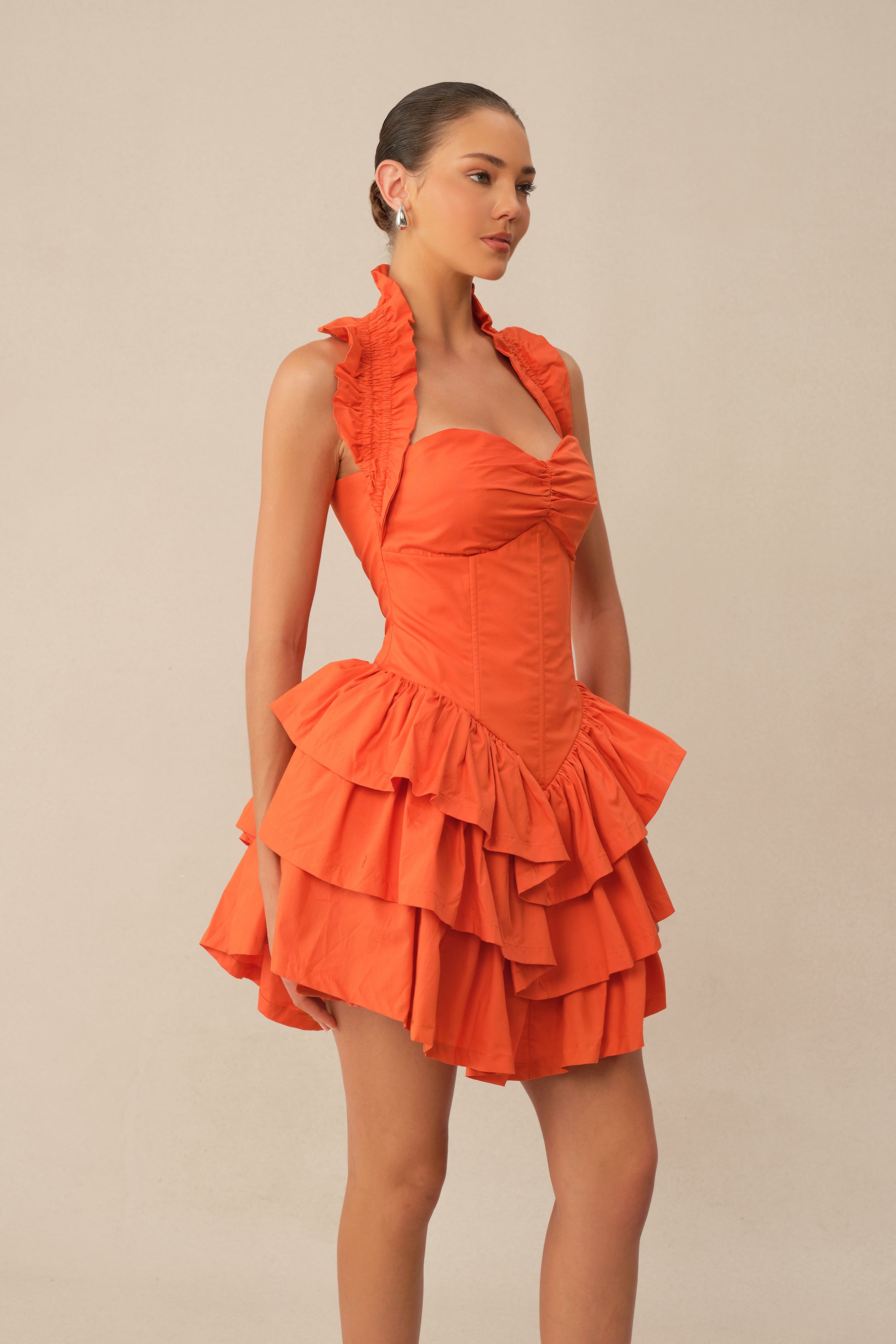 Love The Moment Orange Sweetheart Corset Tiered Ruffle Mini Dress