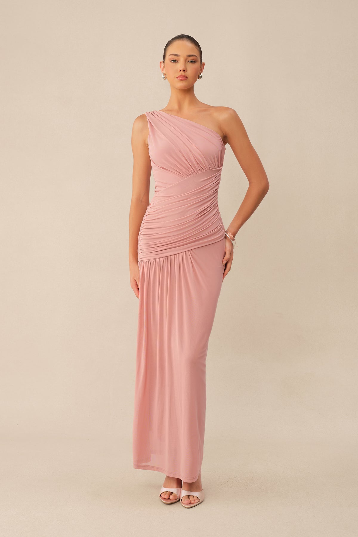 Almost Love Pink One Shoulder Ruched Knit Maxi Dress