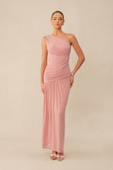 Almost Love Pink One Shoulder Ruched Knit Maxi Dress