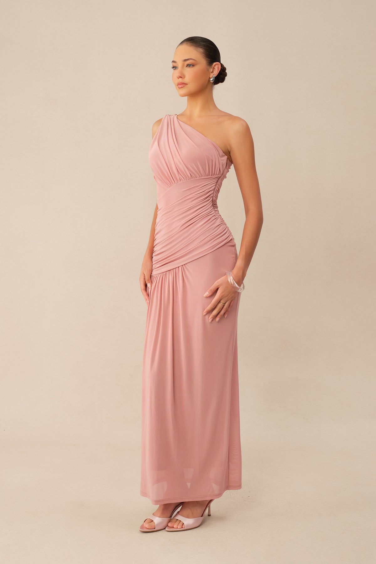 Almost Love Pink One Shoulder Ruched Knit Maxi Dress