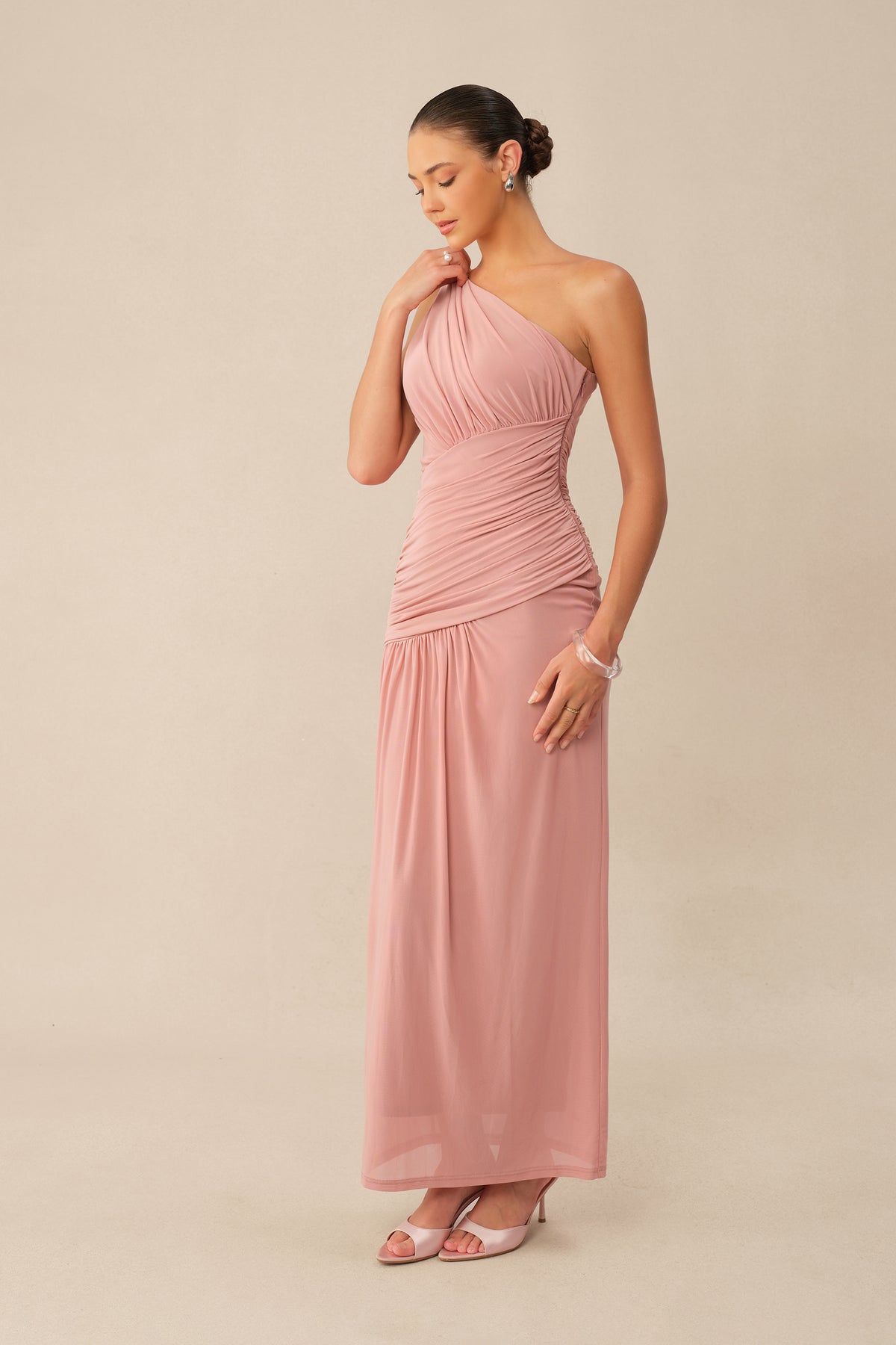 Almost Love Pink One Shoulder Ruched Knit Maxi Dress