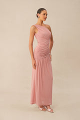 Almost Love Pink One Shoulder Ruched Knit Maxi Dress