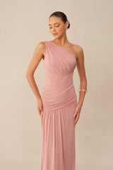 Almost Love Pink One Shoulder Ruched Knit Maxi Dress