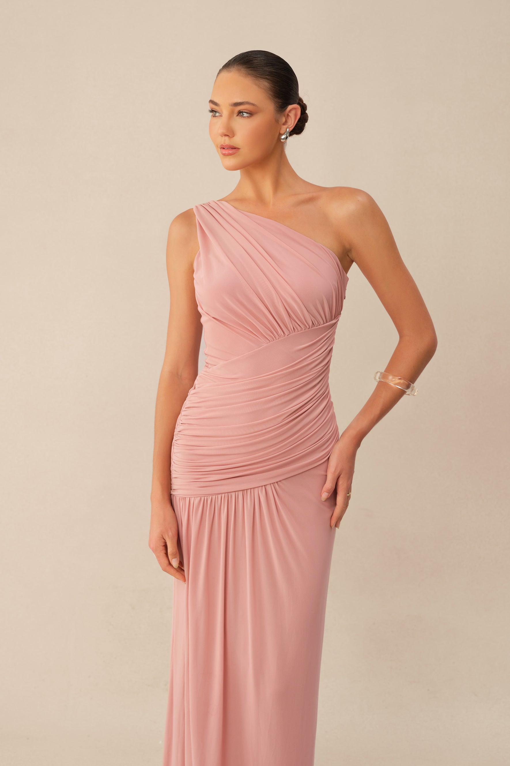 Almost Love Pink One Shoulder Ruched Knit Maxi Dress