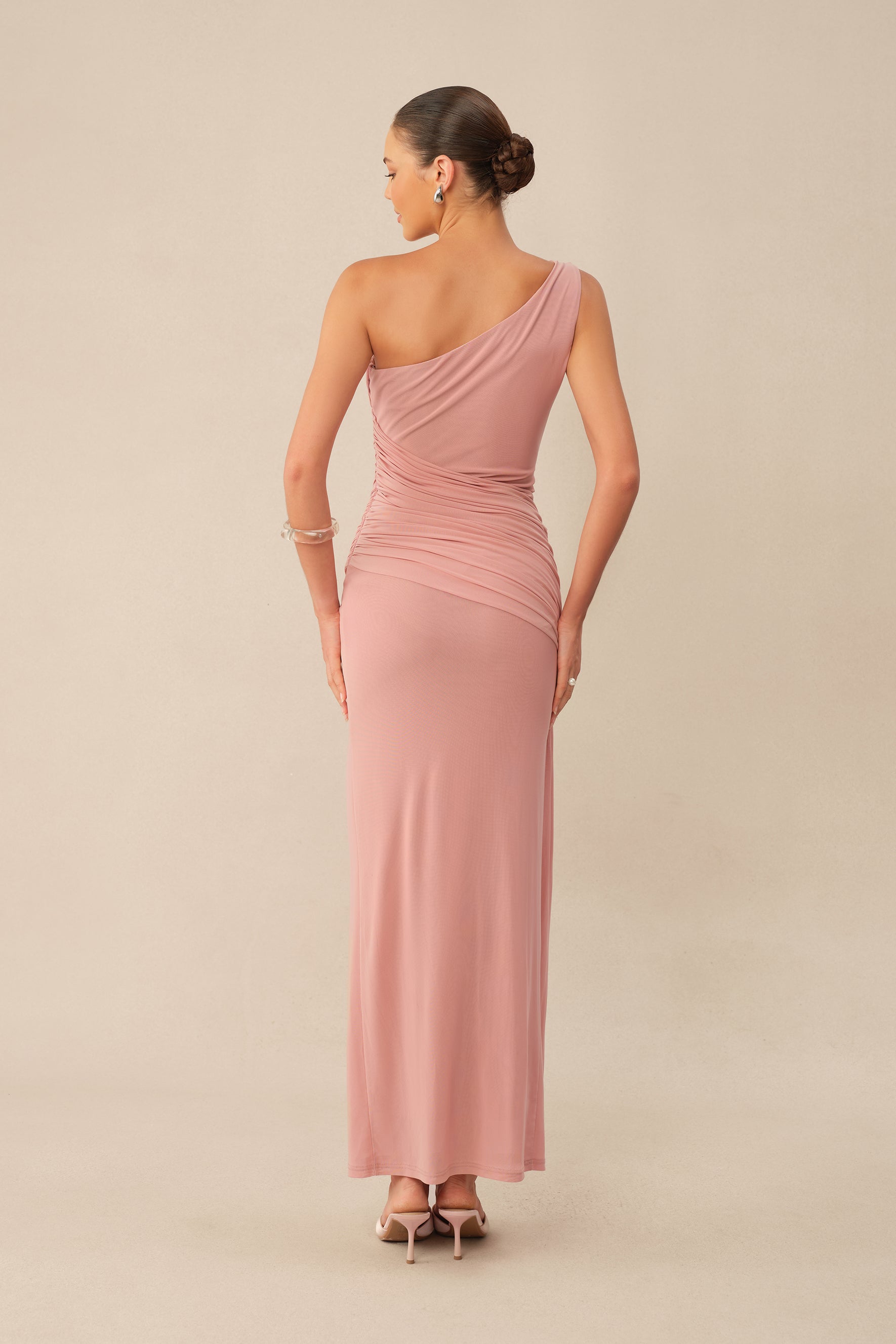 Almost Love Pink One Shoulder Ruched Knit Maxi Dress