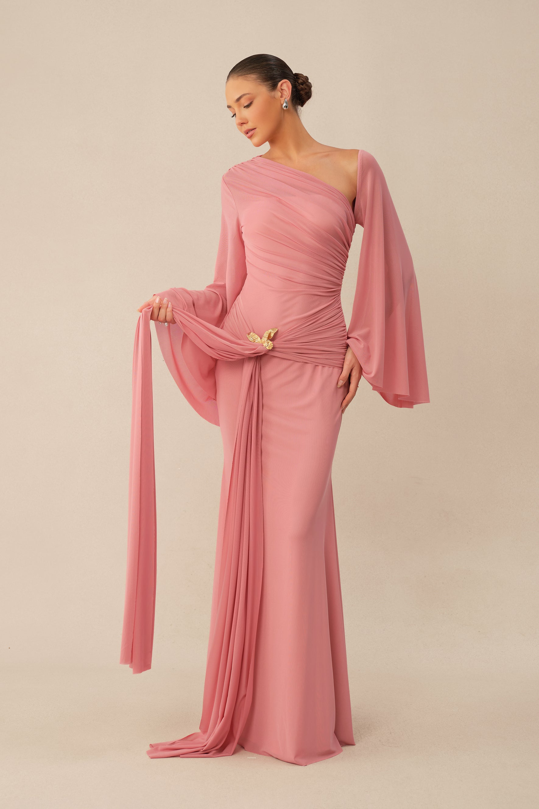 All About Her Pink One Shoulder Butterfly Brooch Maxi Dress