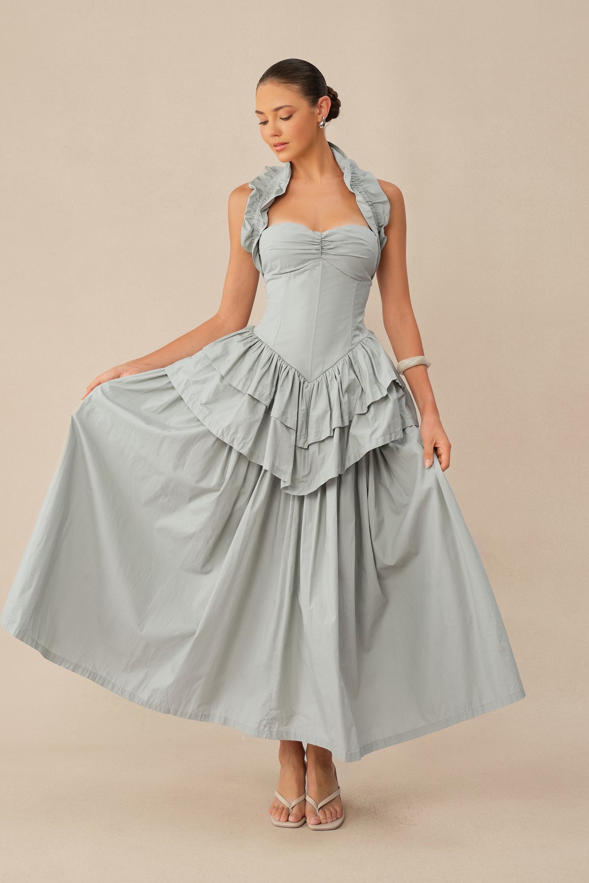Almost Perfect Blue Halter Neck Layered Ruffle Maxi Dress