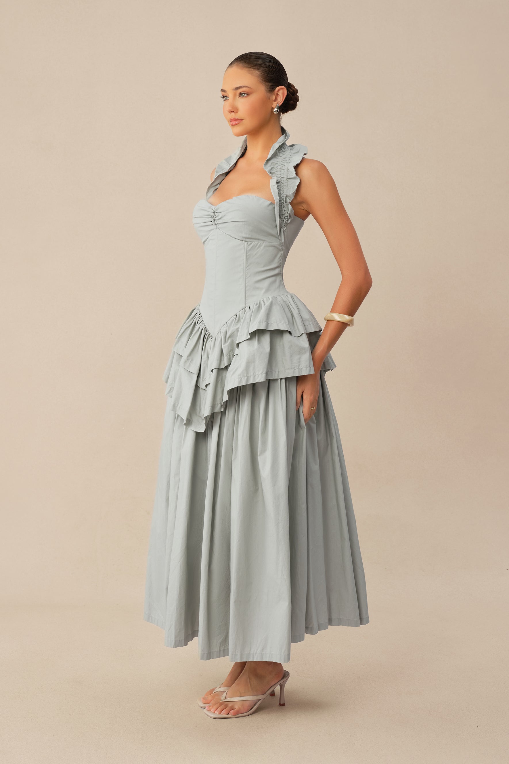 Almost Perfect Blue Halter Neck Layered Ruffle Maxi Dress