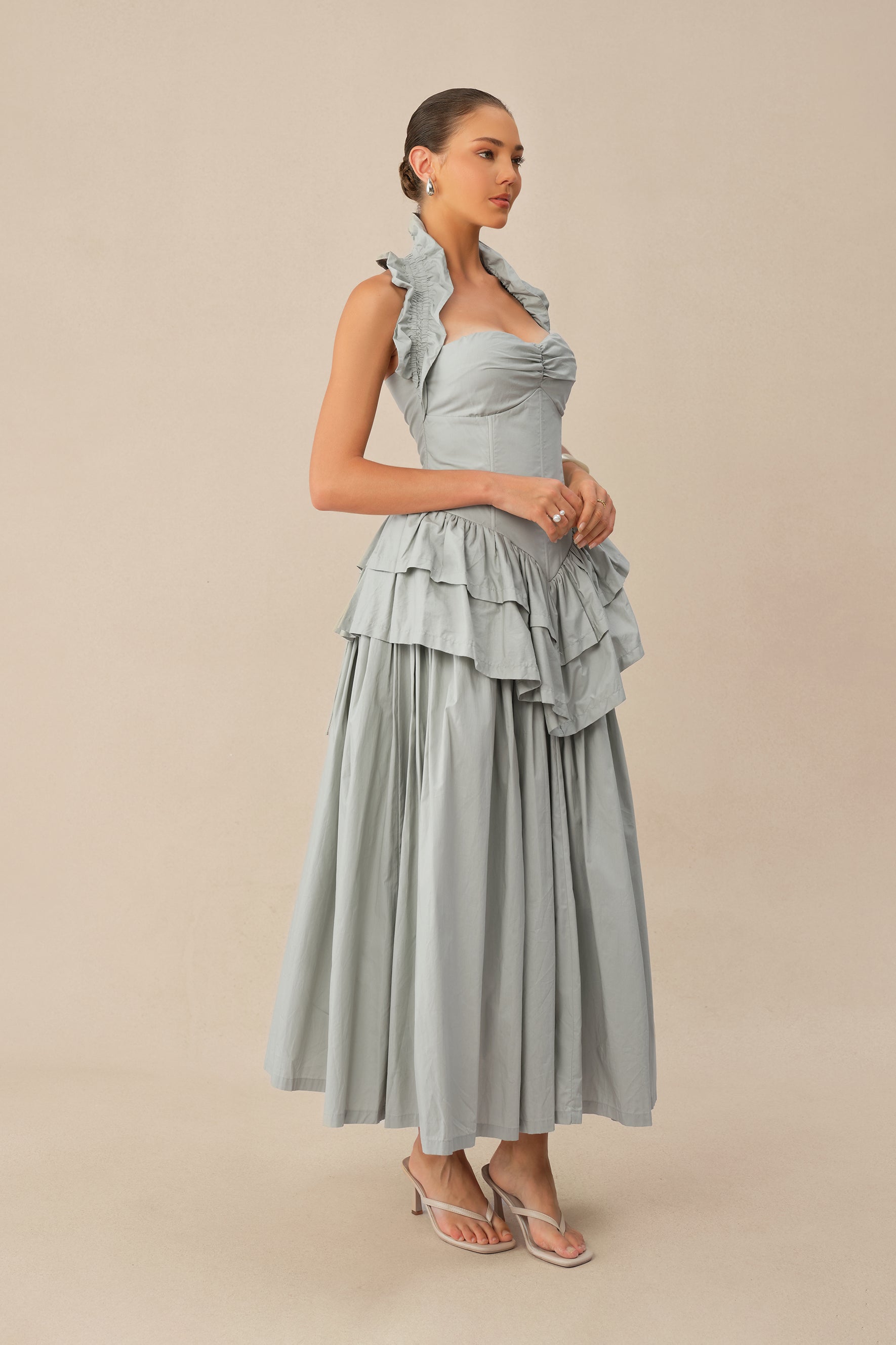 Almost Perfect Blue Halter Neck Layered Ruffle Maxi Dress