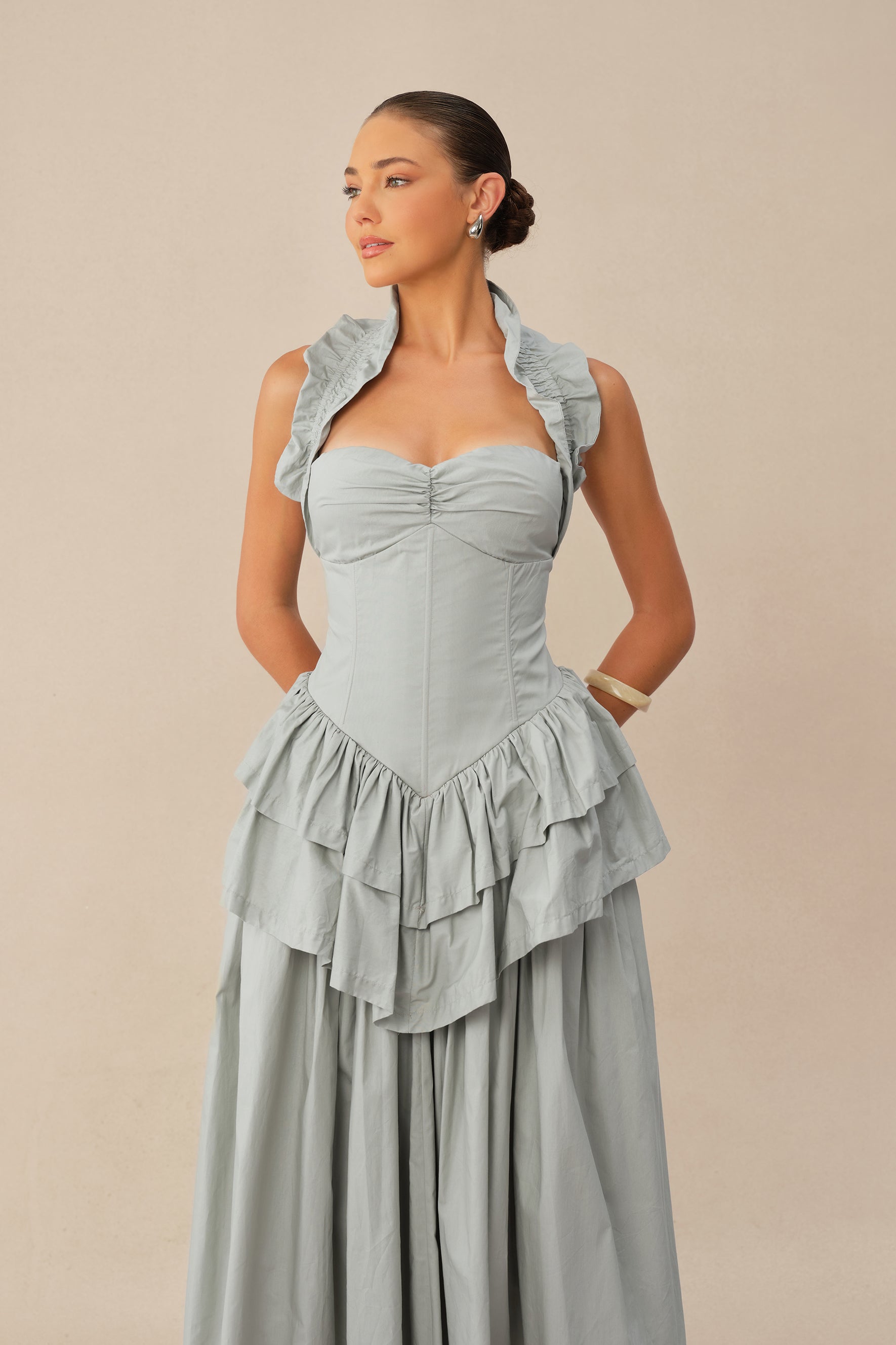 Almost Perfect Blue Halter Neck Layered Ruffle Maxi Dress