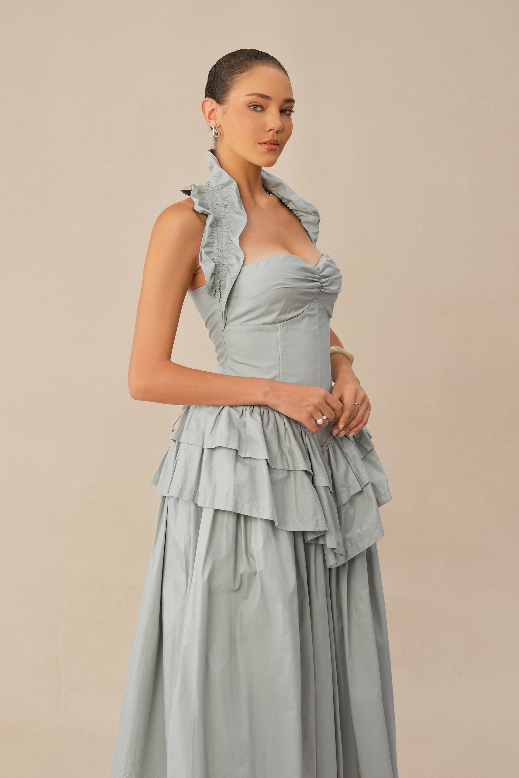 Almost Perfect Blue Halter Neck Layered Ruffle Maxi Dress