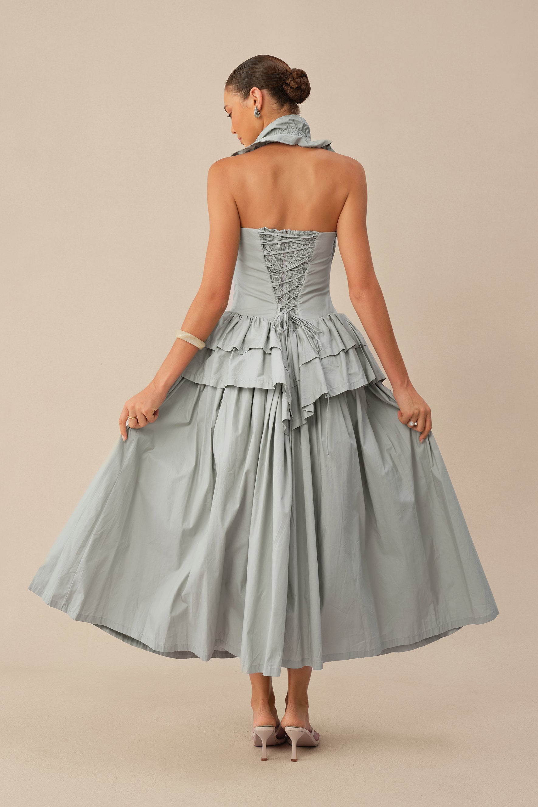 Almost Perfect Blue Halter Neck Layered Ruffle Maxi Dress