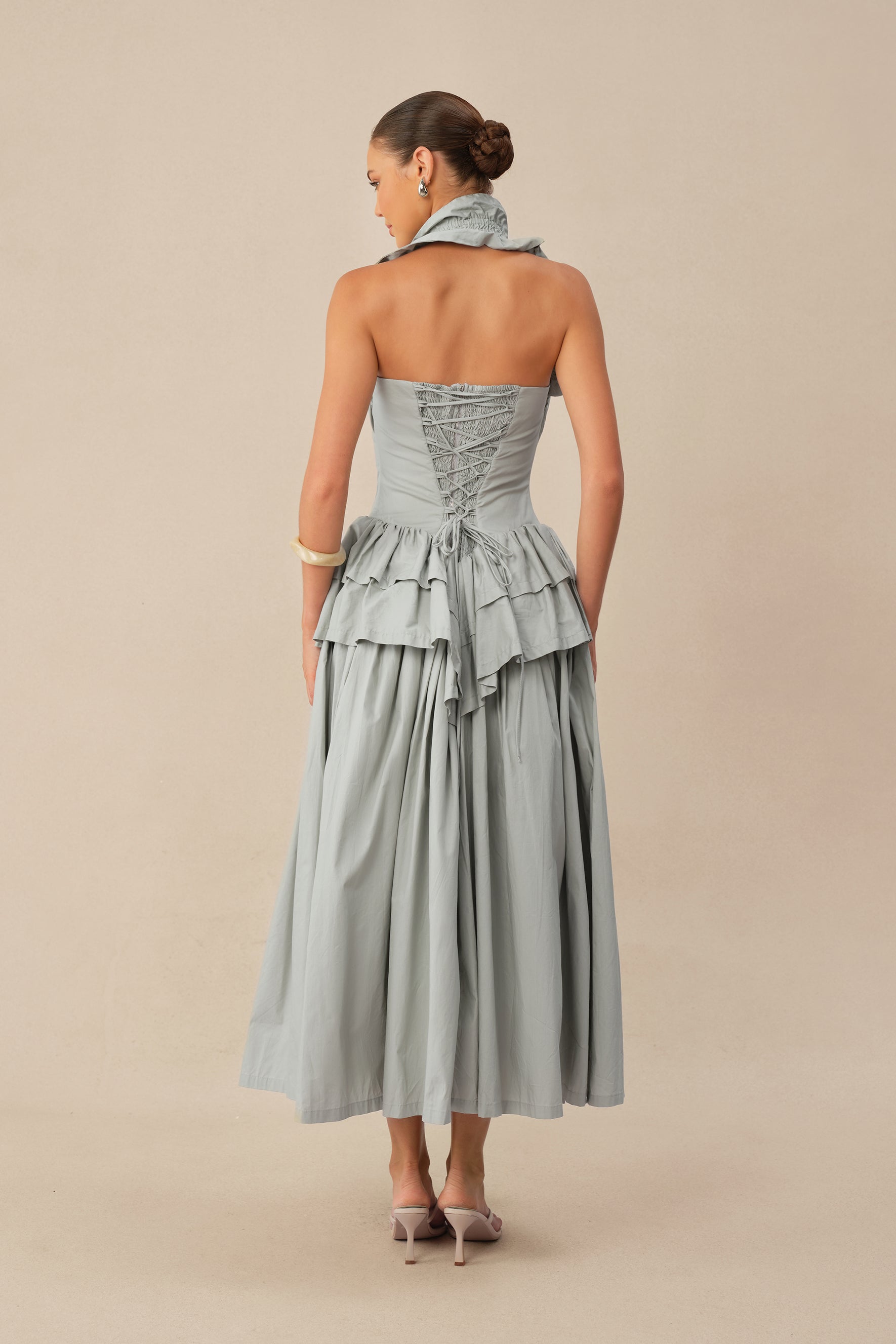 Almost Perfect Blue Halter Neck Layered Ruffle Maxi Dress