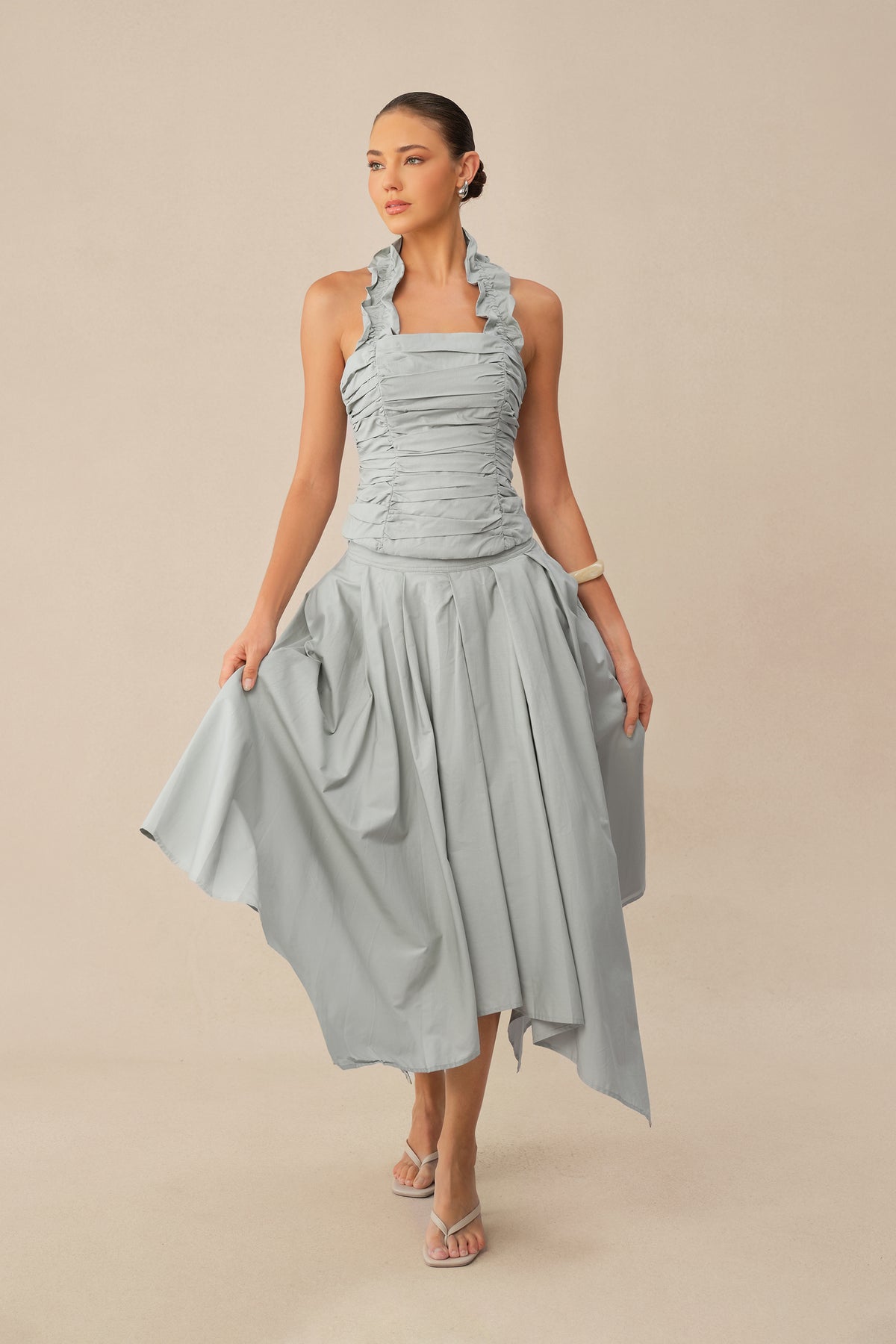 Own Your Style Blue Ruffle Halter Ruched Top & Asymmetric Skirt Set