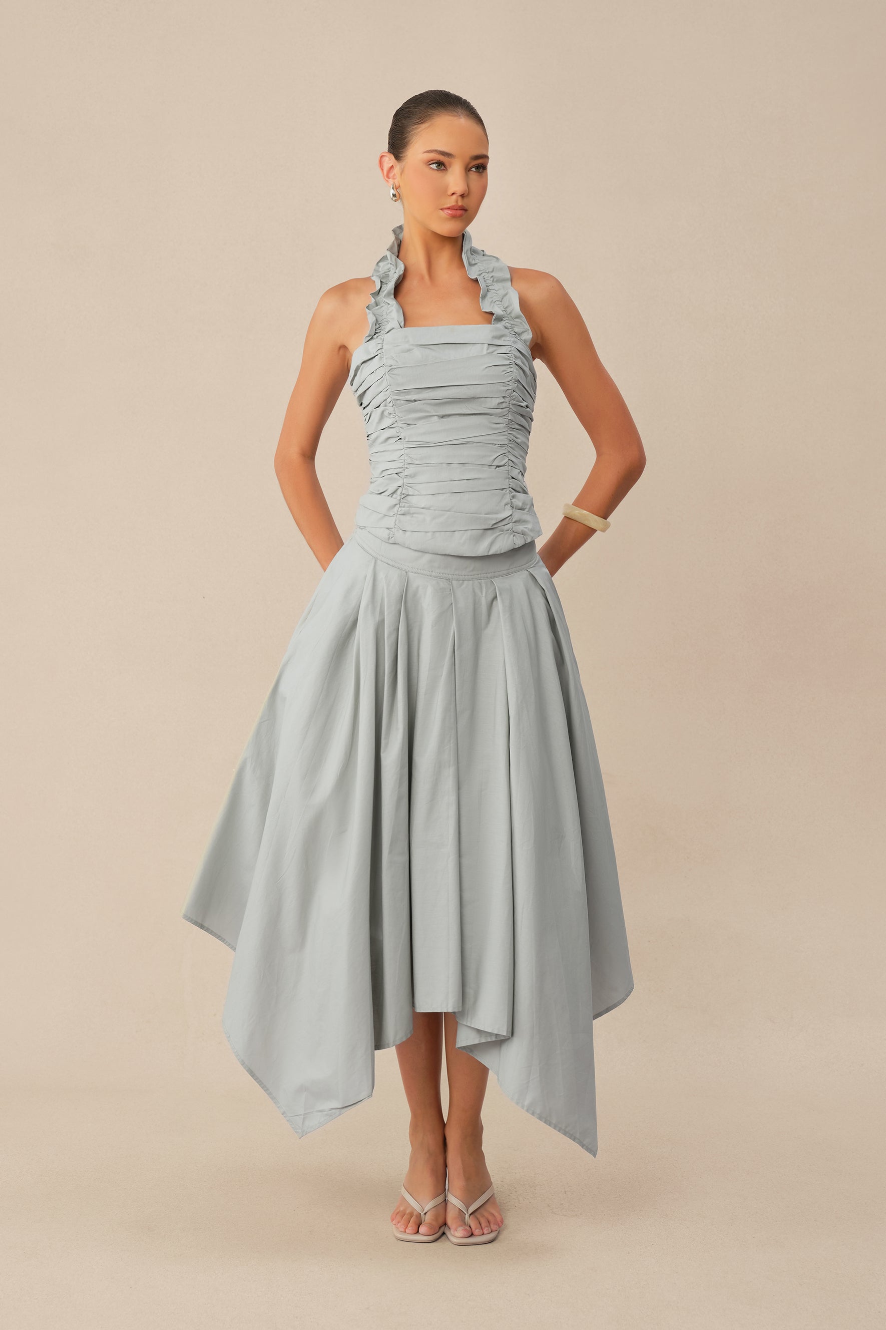 Own Your Style Blue Ruffle Halter Ruched Top & Asymmetric Skirt Set