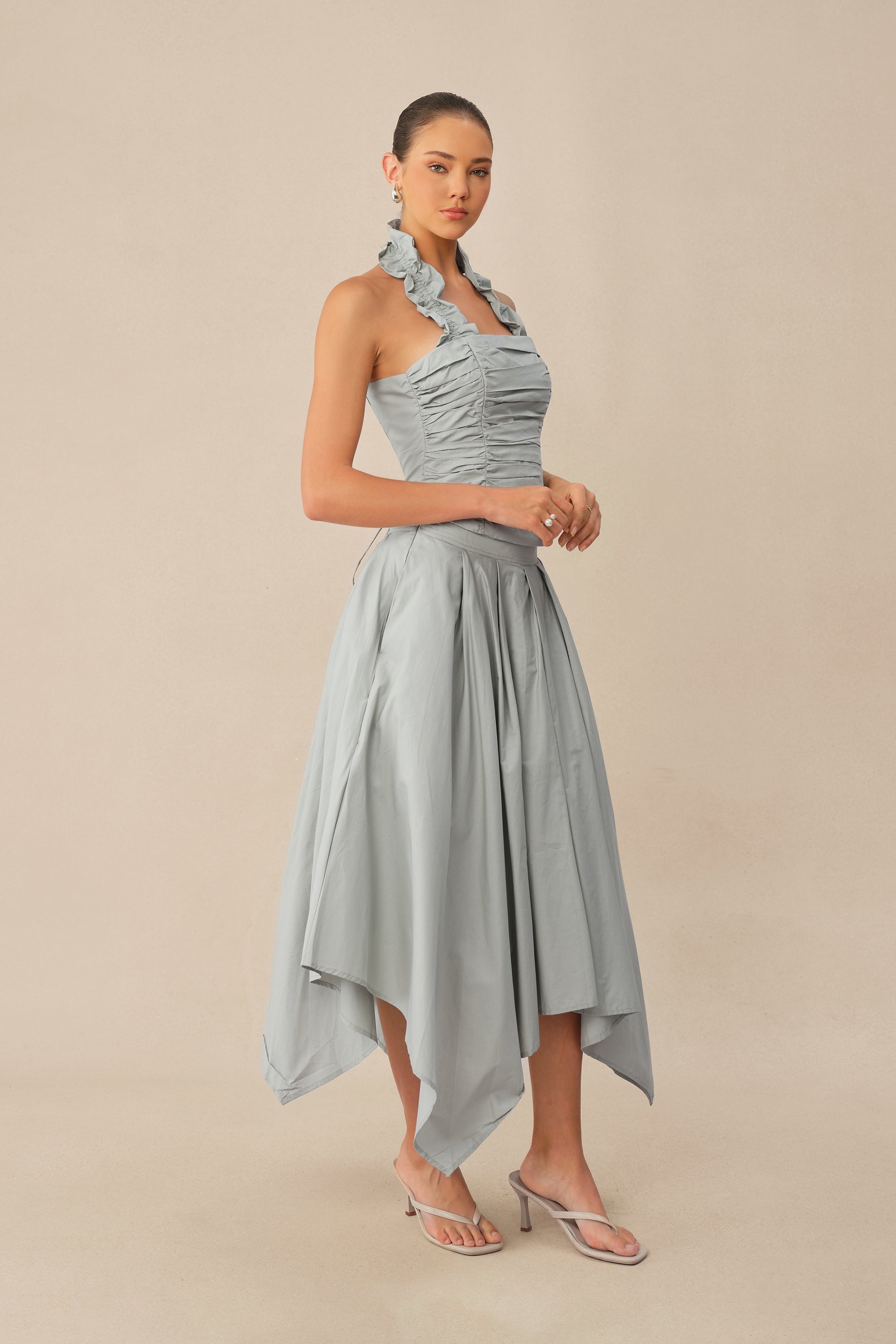 Own Your Style Blue Ruffle Halter Ruched Top & Asymmetric Skirt Set