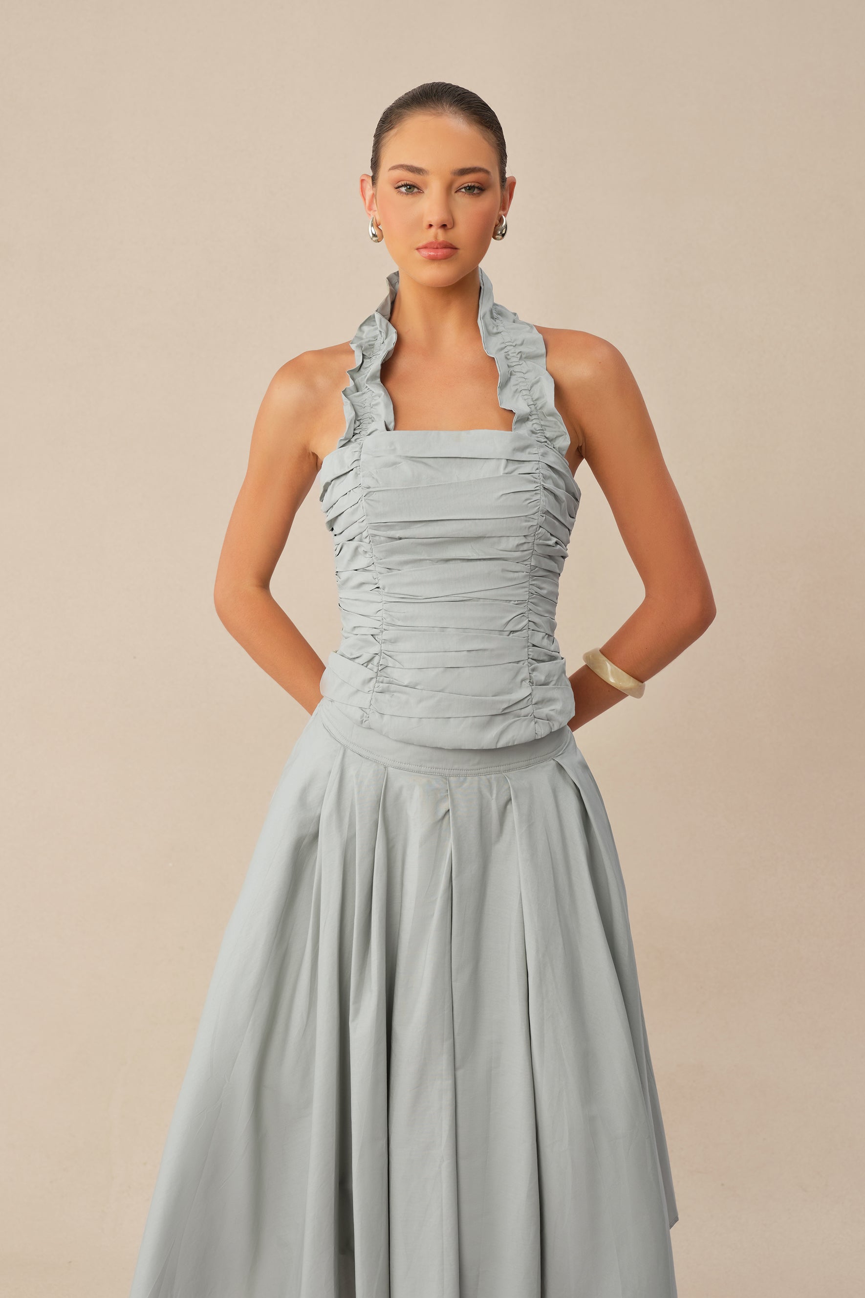 Own Your Style Blue Ruffle Halter Ruched Top & Asymmetric Skirt Set