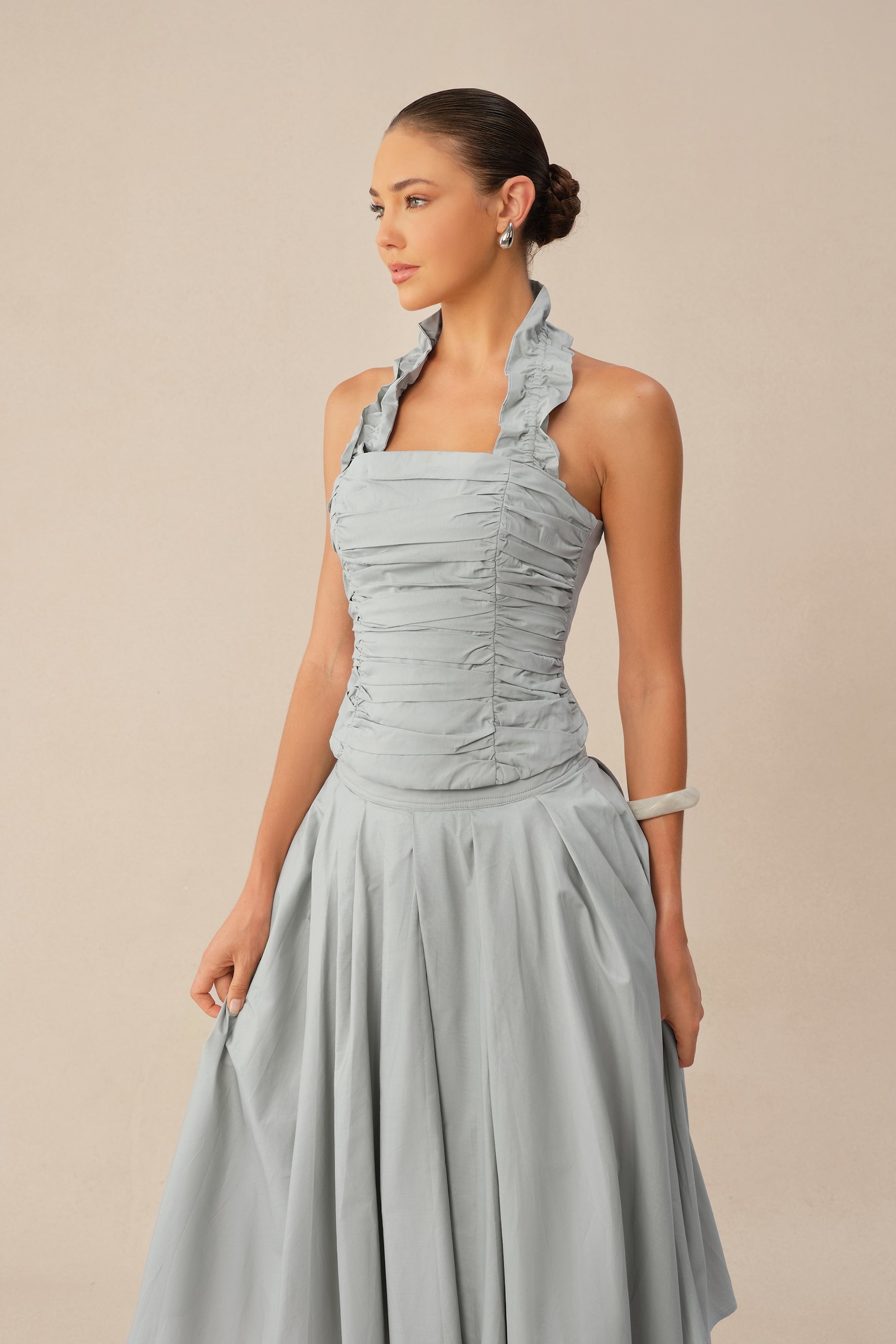 Own Your Style Blue Ruffle Halter Ruched Top & Asymmetric Skirt Set